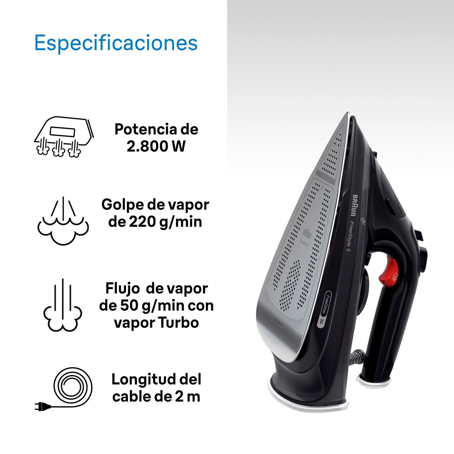 Plancha negra con especificaciones. Incluye potencia, vapor y longitud del cable. Marca Braun visible.