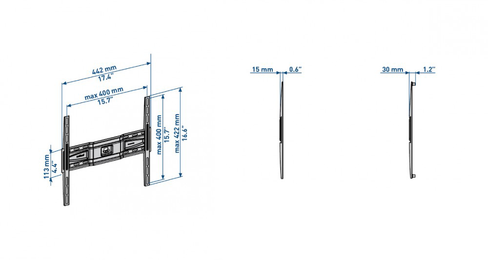 TV fali tartó diagramja, amely a méreteket milliméterben és hüvelykben mutatja.