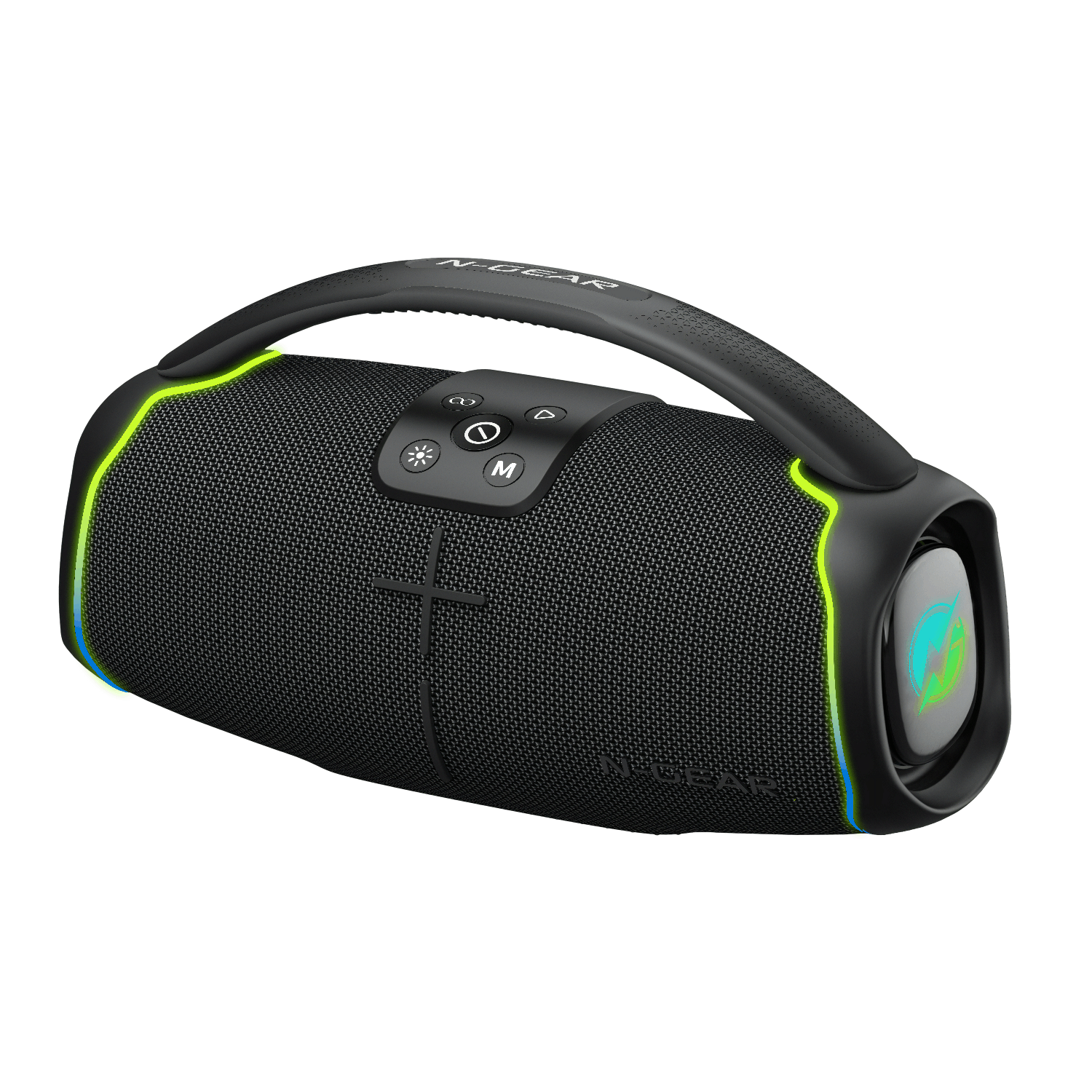 A black speaker with a handle. There is a green and blue light on the side.
