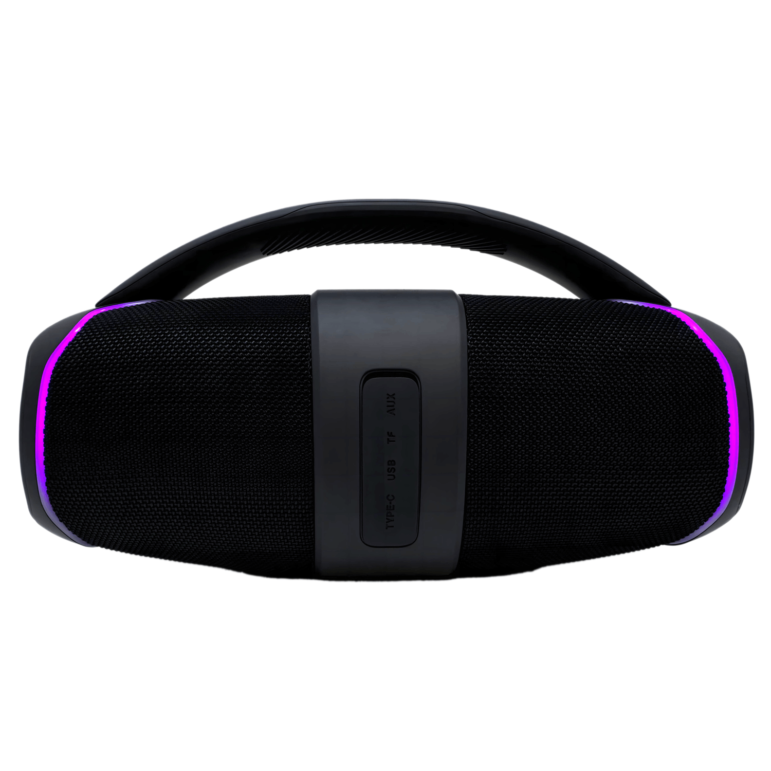 Black portable speaker with handle, lights on the sides, and control buttons, isolated on white.