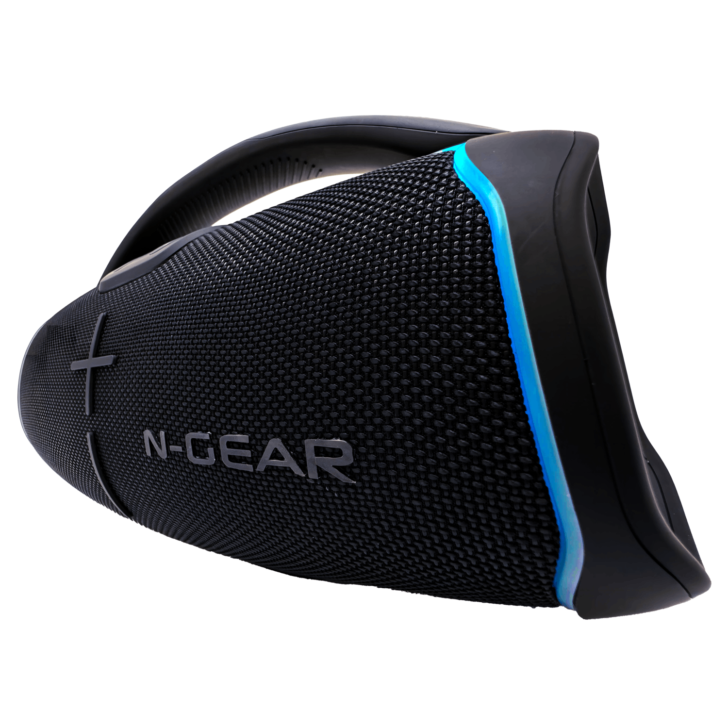 Black N-GEAR speaker with a handle and blue light accents.