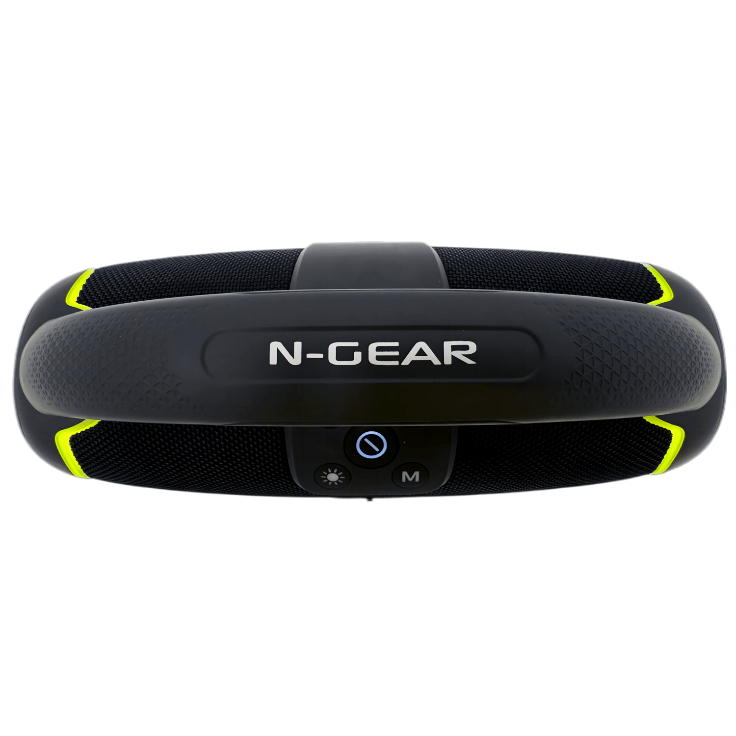 Black N-GEAR speaker with yellow accents, on a white background.