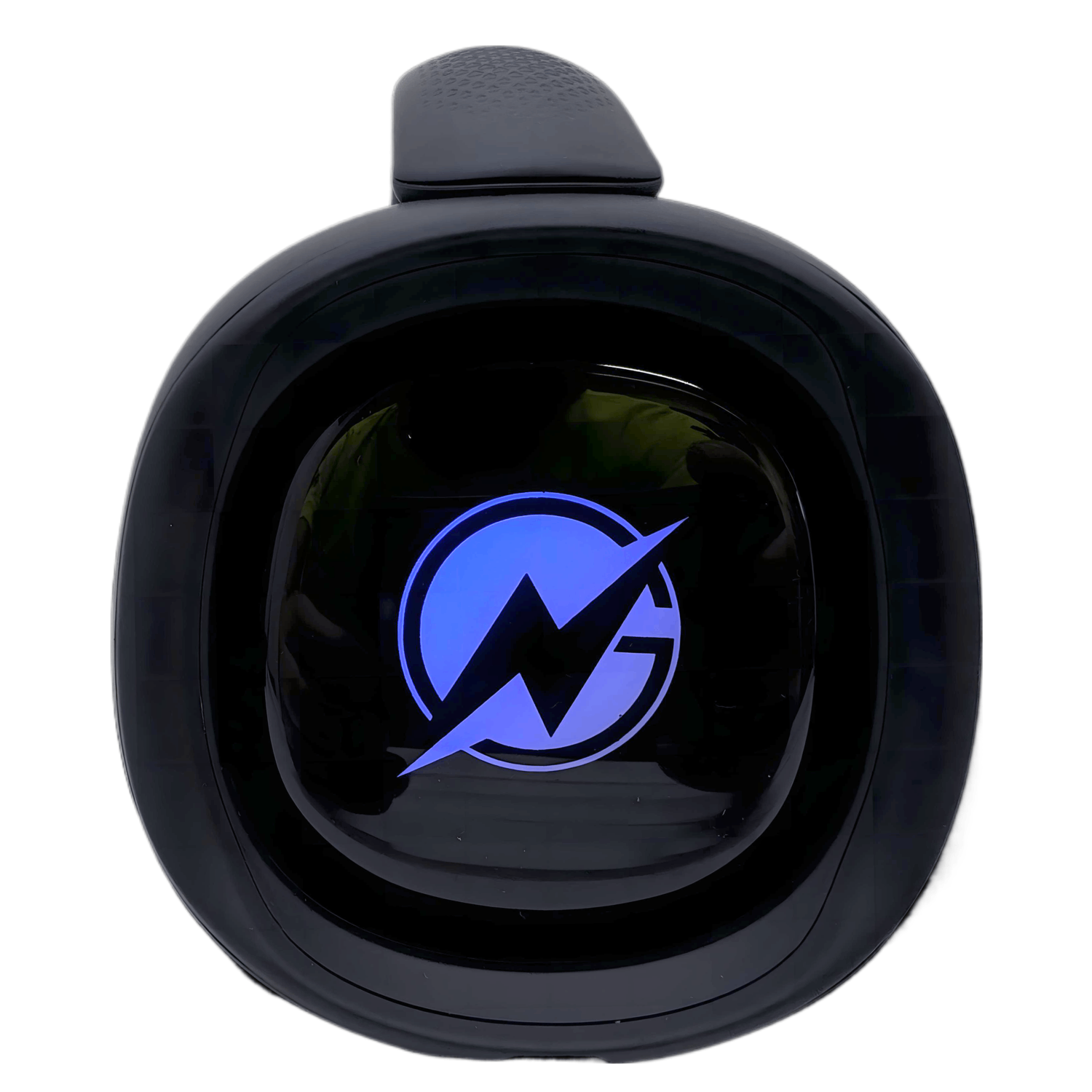 A black speaker with a blue lightning bolt logo.