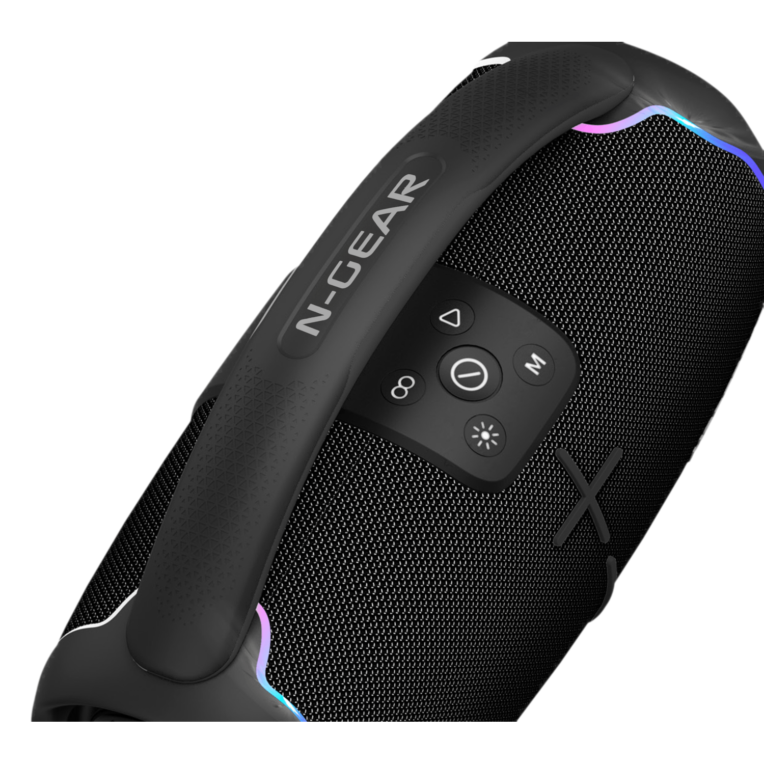 Black portable speaker with handle and control buttons, featuring LED lights.