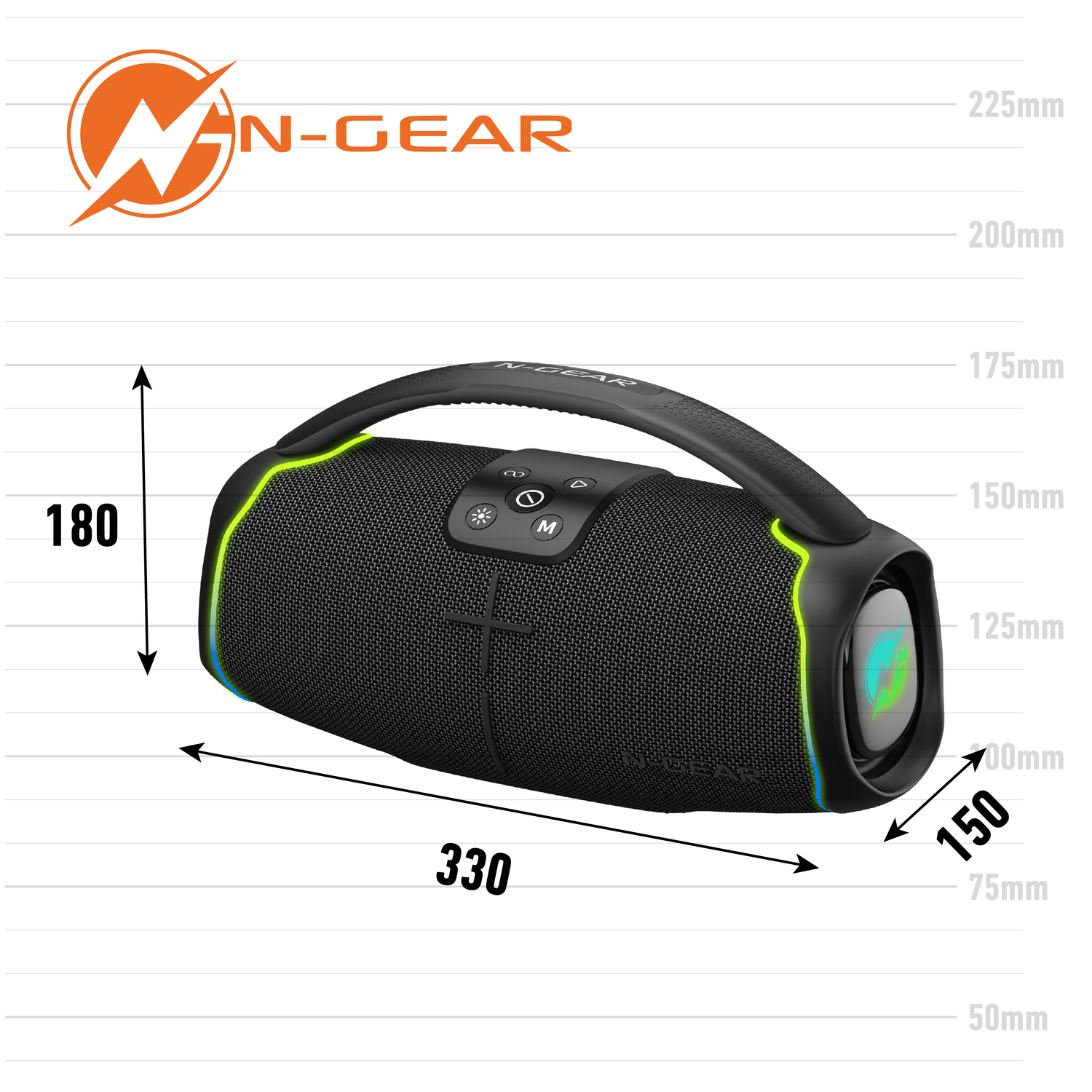 Black N-GEAR speaker with dimensions labeled: 180mm high, 330mm wide, 150mm deep.