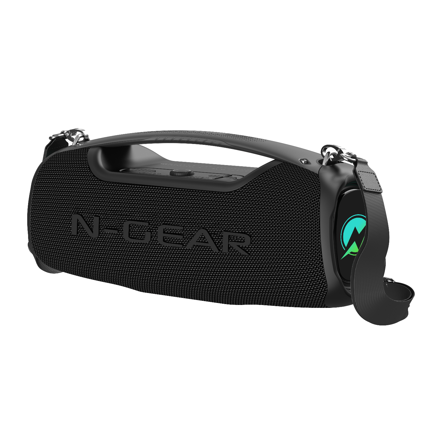 Black N-Gear speaker with a handle, shoulder strap, and logo, isolated on white.