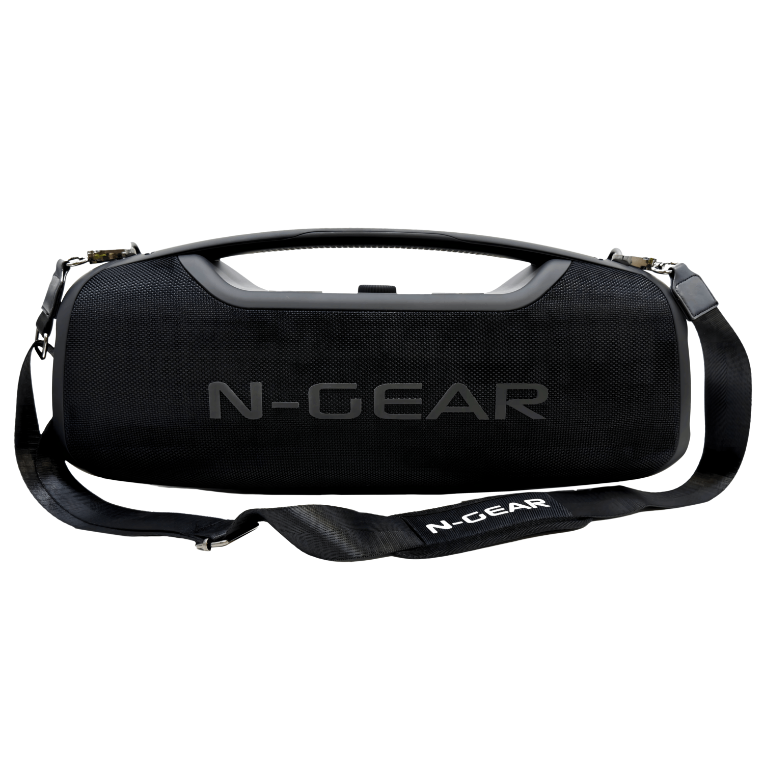 Black N-GEAR speaker with a strap, sitting on a white background.