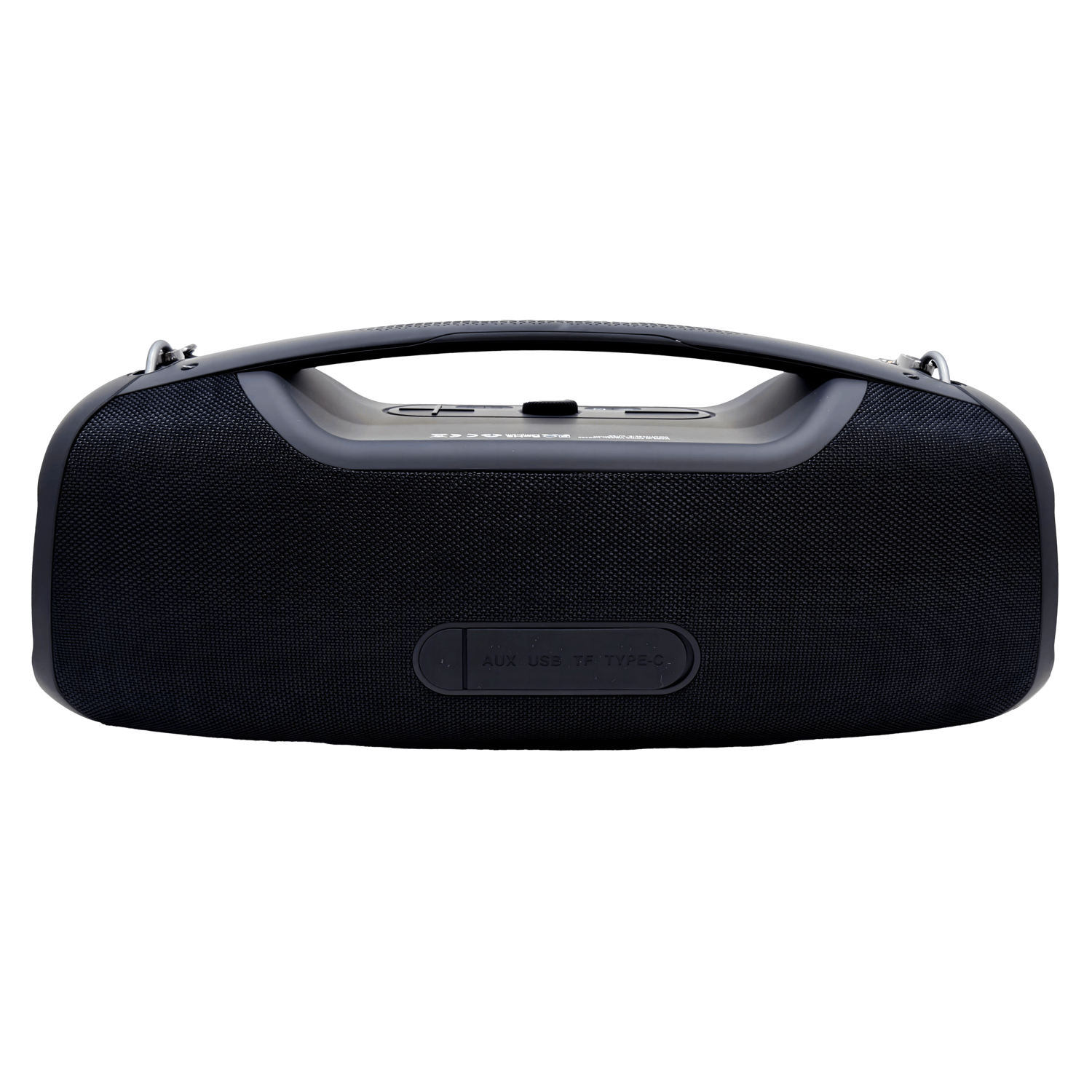 Black boombox with handle, labeled AUX, USB, and Type-C. Features mesh speaker covering.