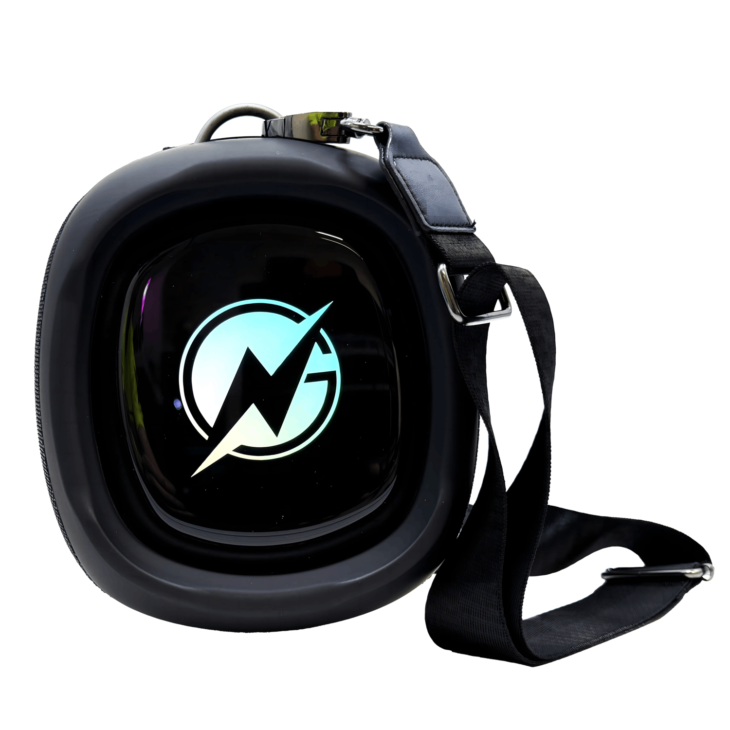 A black portable speaker with a shoulder strap, featuring a glowing logo on the front.