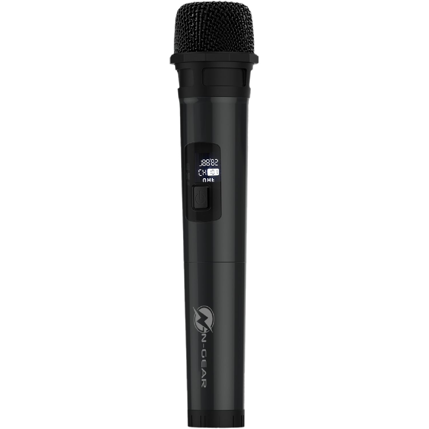 Black microphone with a display, and a logo at the bottom. Top-down view.