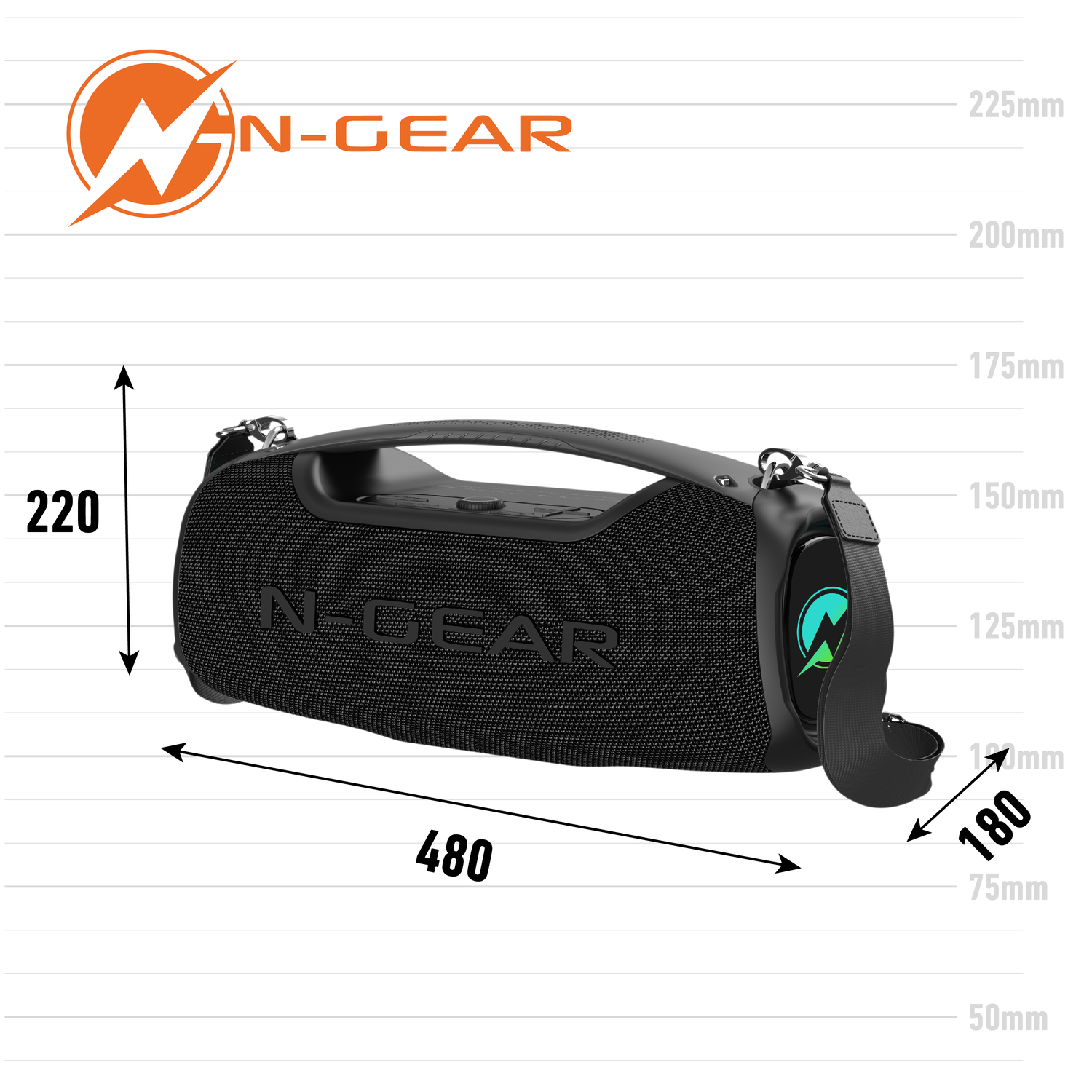 A black N-Gear portable speaker with dimensions labeled on it.