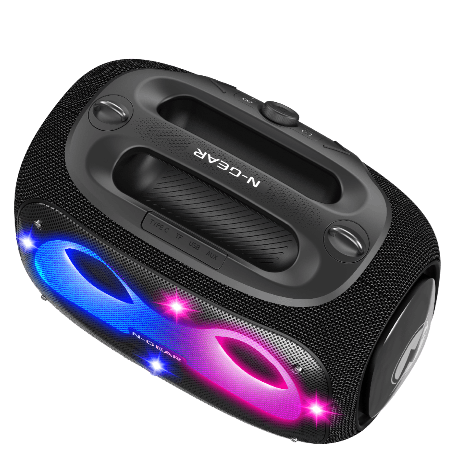 A black N-GEAR speaker with colored lights and control buttons, angled view.
