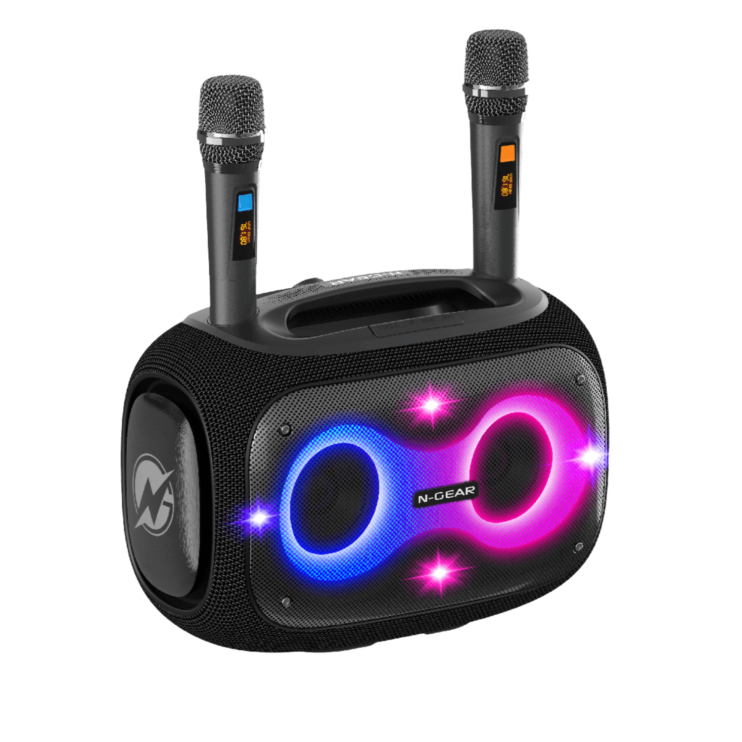 A karaoke speaker with two microphones, featuring colorful lights.