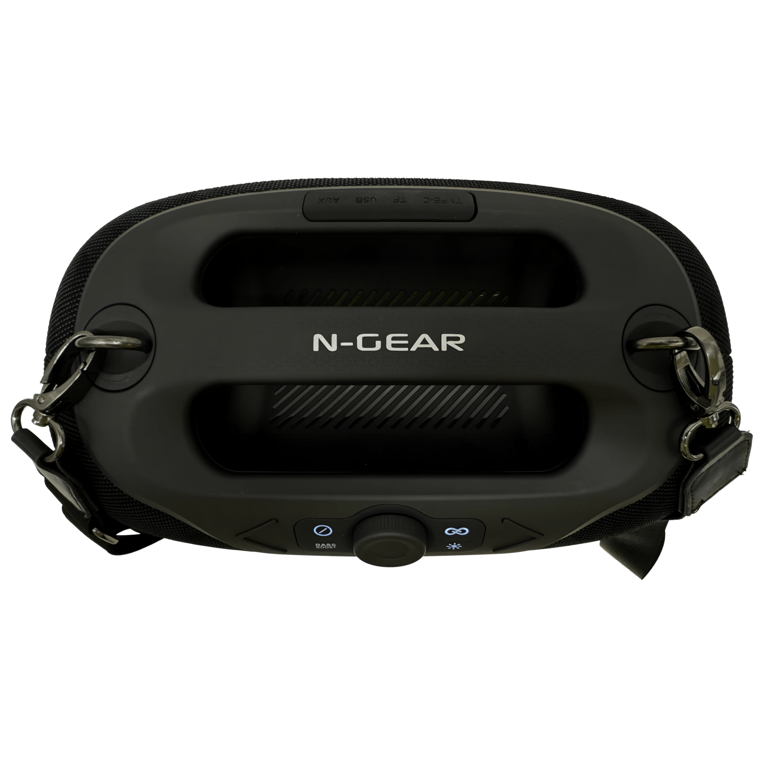 Black N-GEAR speaker. Top view with handle, buttons for bass, power, and light effects.