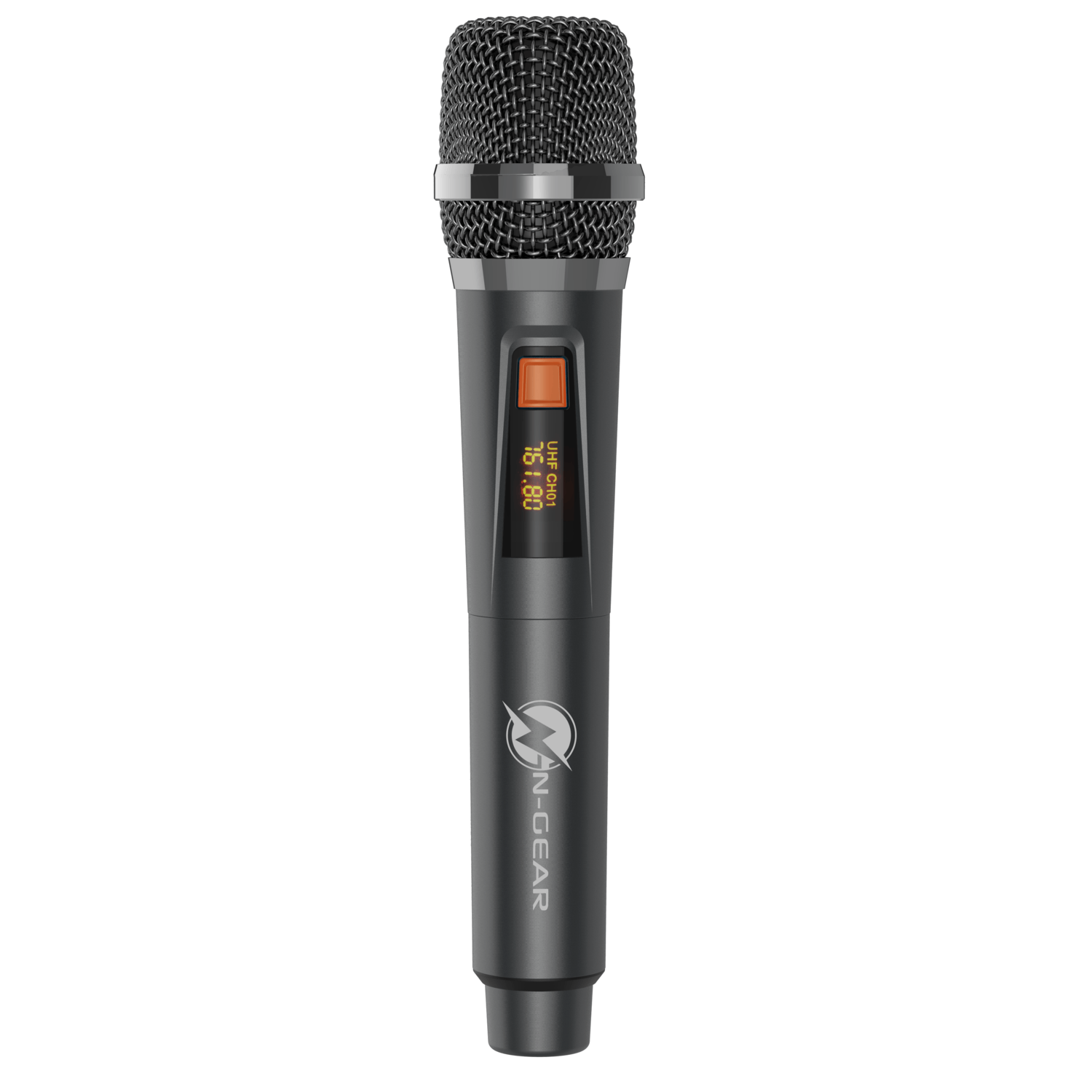 A black and gray wireless microphone with a display and the brand name, N-GEAR.