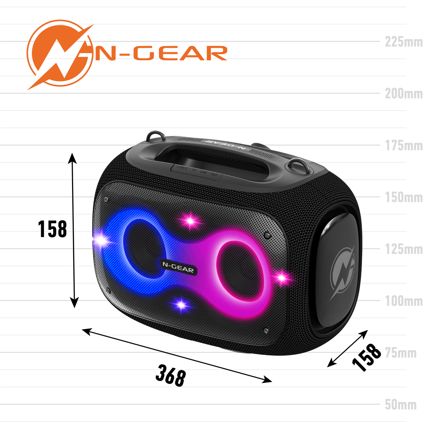 Black N-GEAR speaker with dimensions and illuminated light circles.