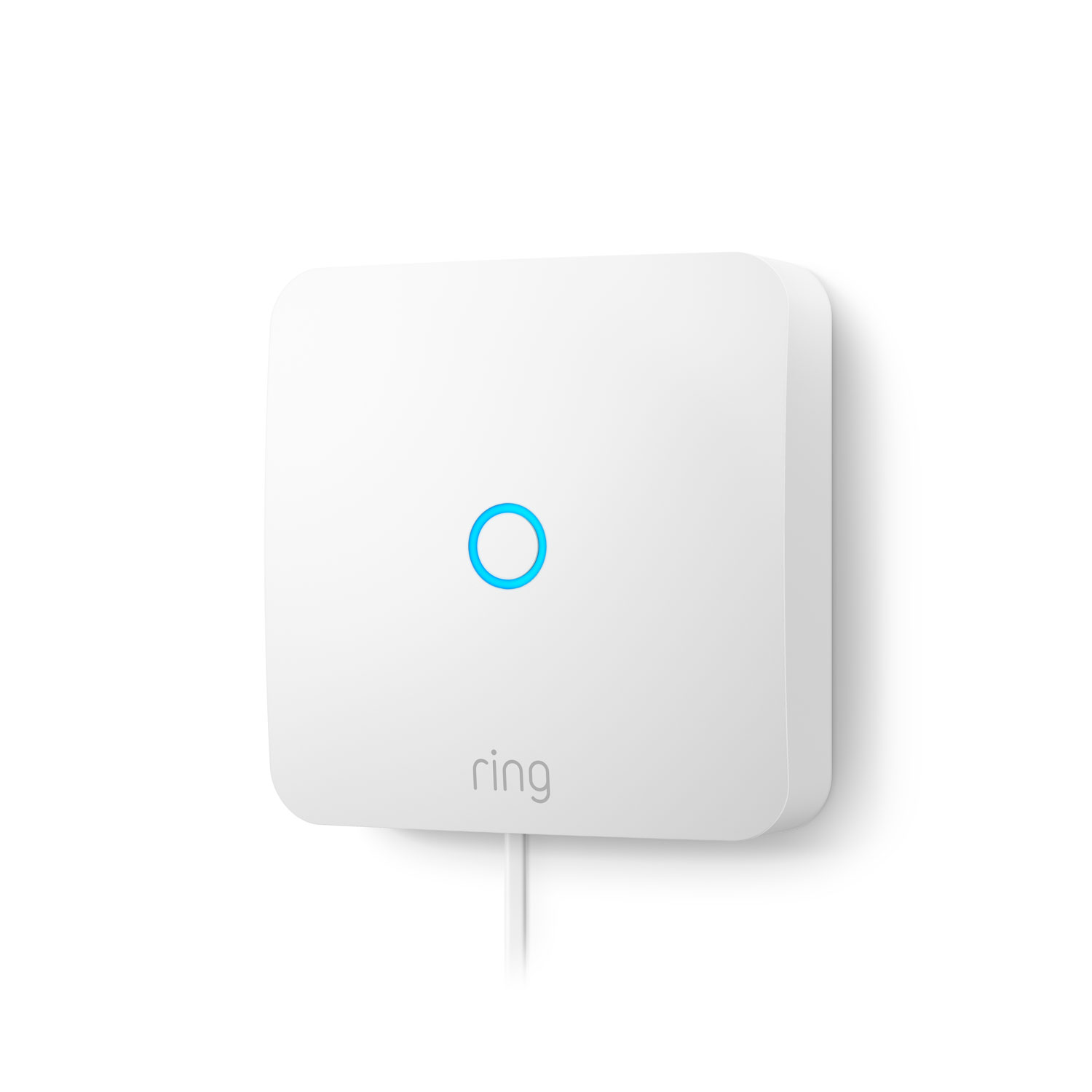 White square device with a blue circle light, hanging on a white wall, with a wire.