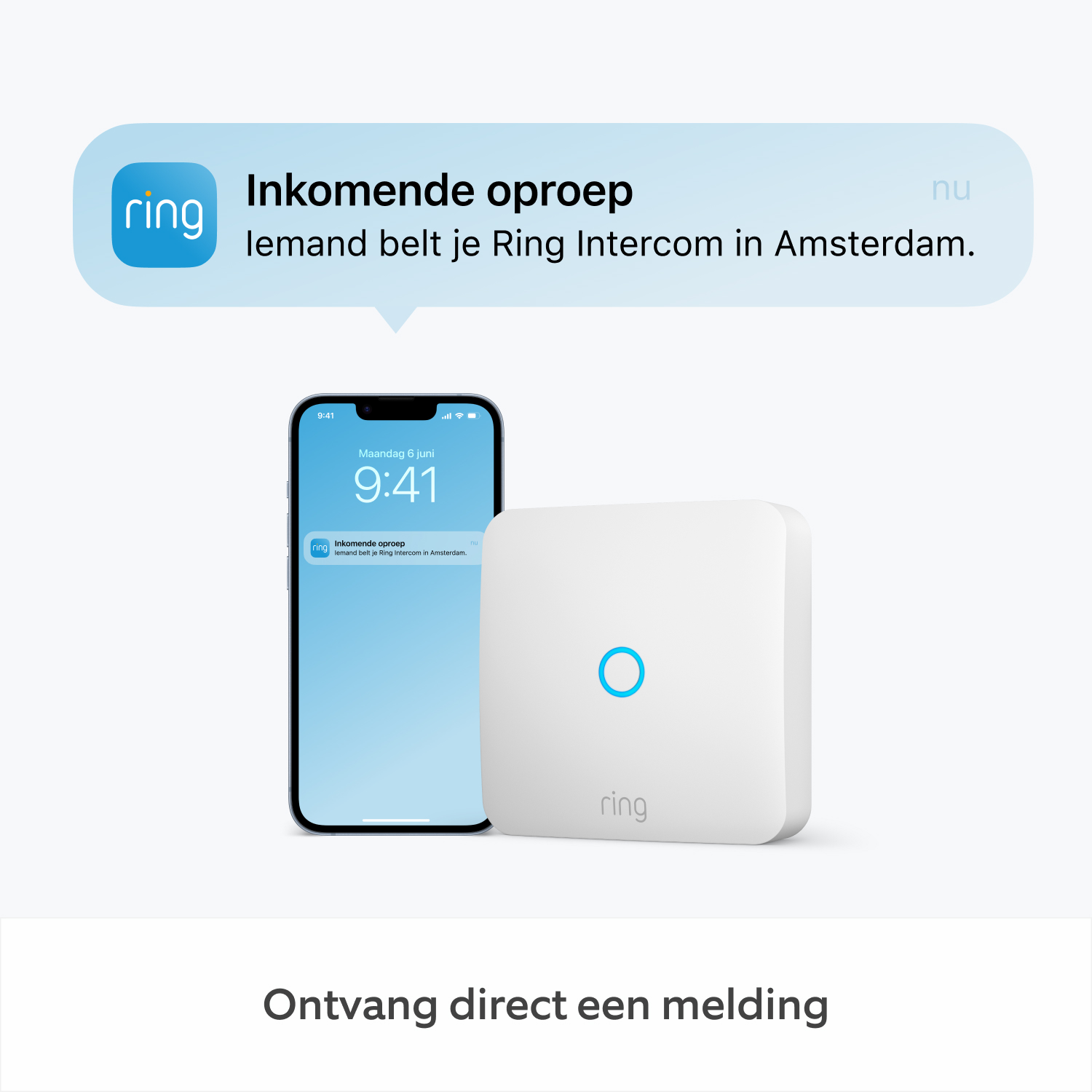 A smartphone displaying a Ring notification, with a Ring intercom device.
