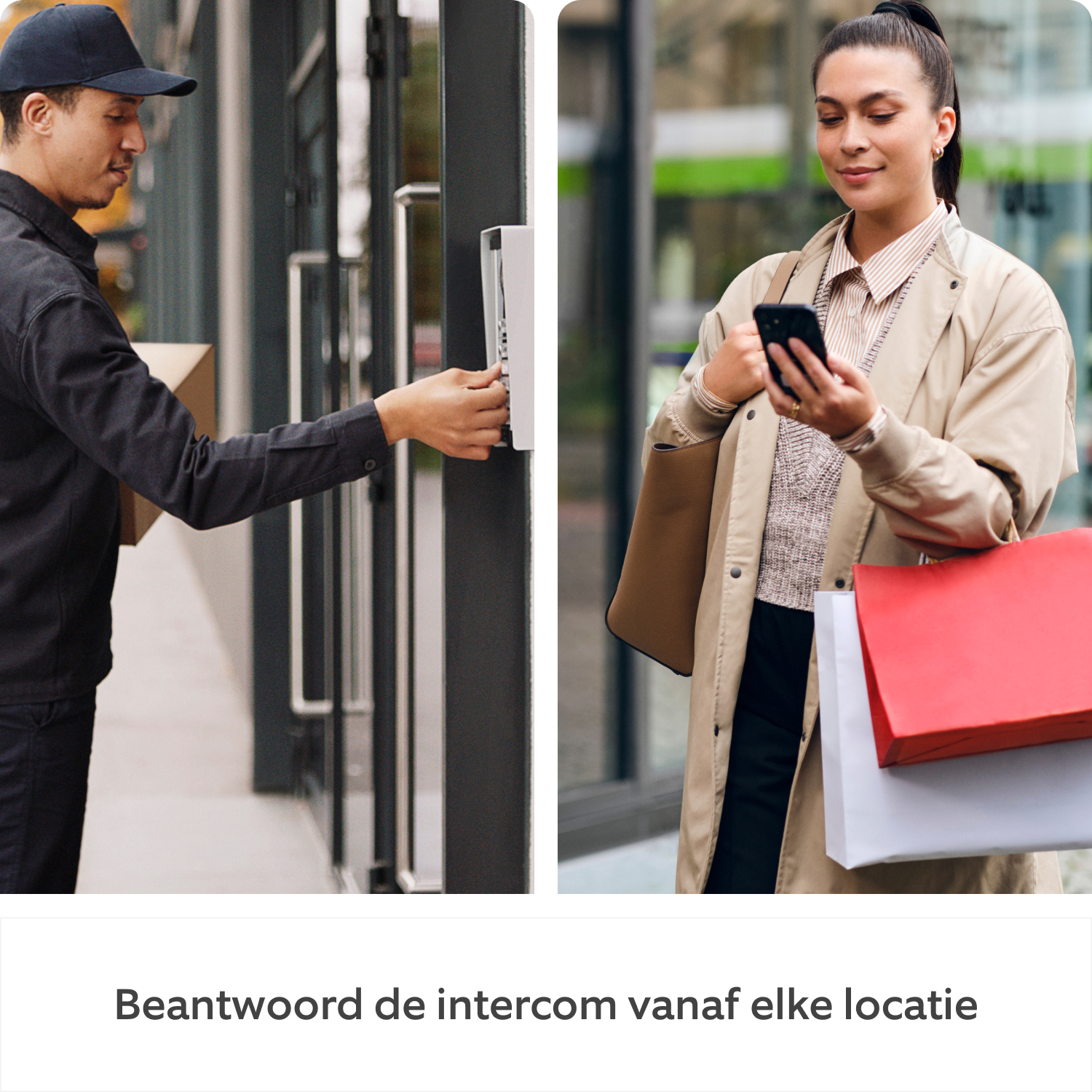 Two people, one at a door and one on the street, are using phones. Text in Dutch.