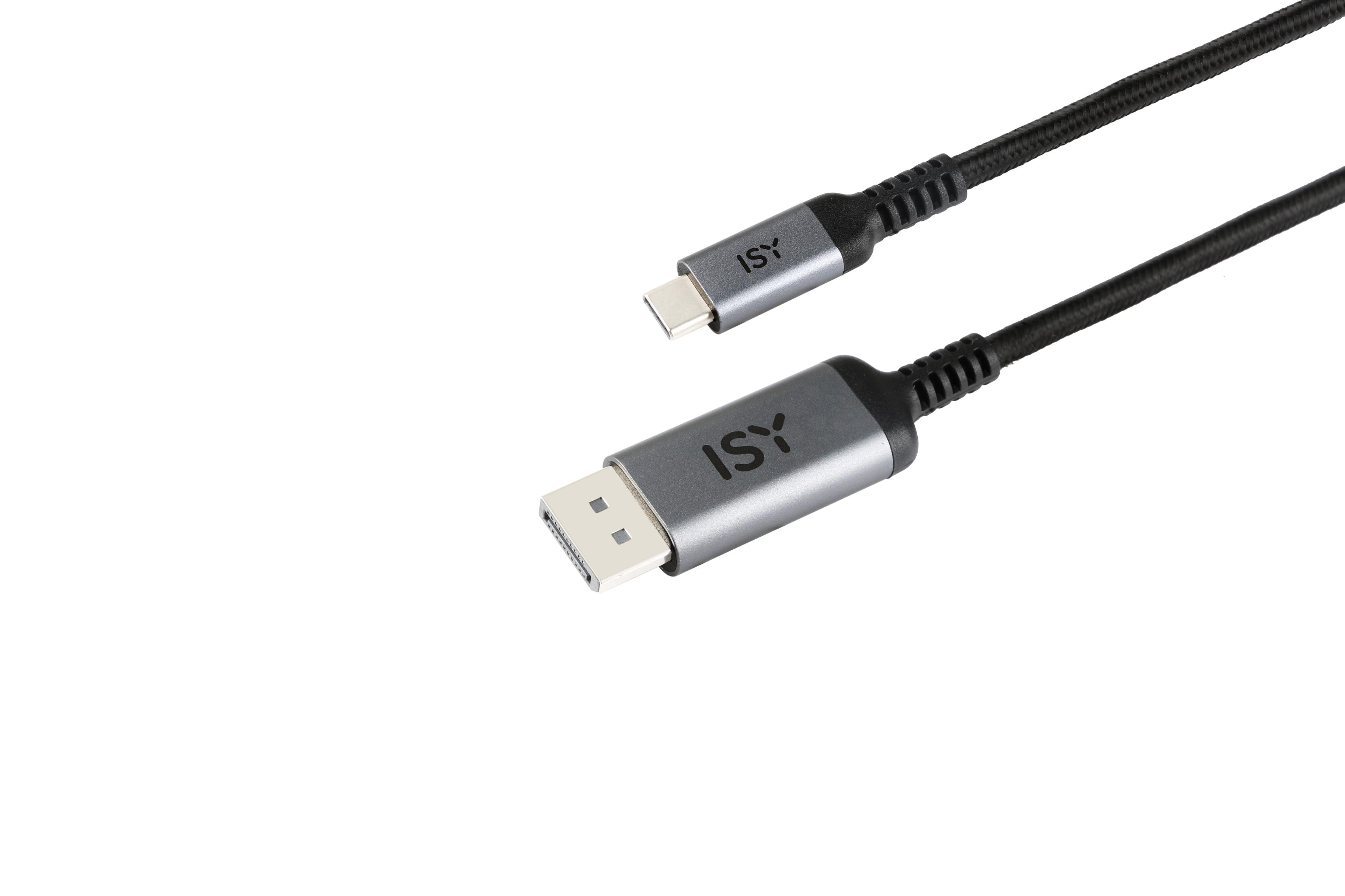 USB-C-zu-DisplayPort-Kabel. Silberne Stecker mit 'ISY'-Branding. Weißer Hintergrund.