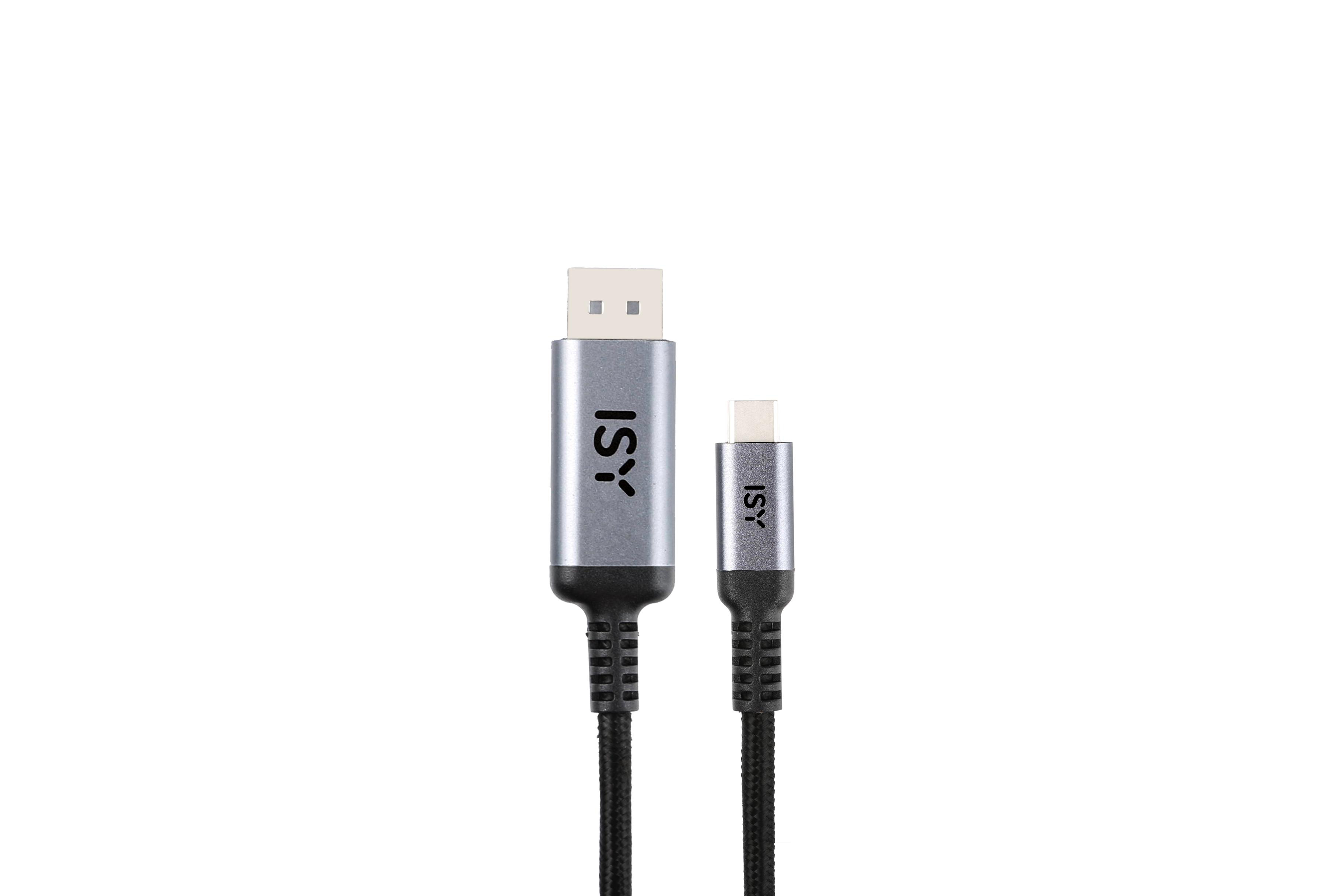 Silbernes DisplayPort-Kabel und ein kleineres USB-C-Kabel, beide vor weißem Hintergrund.