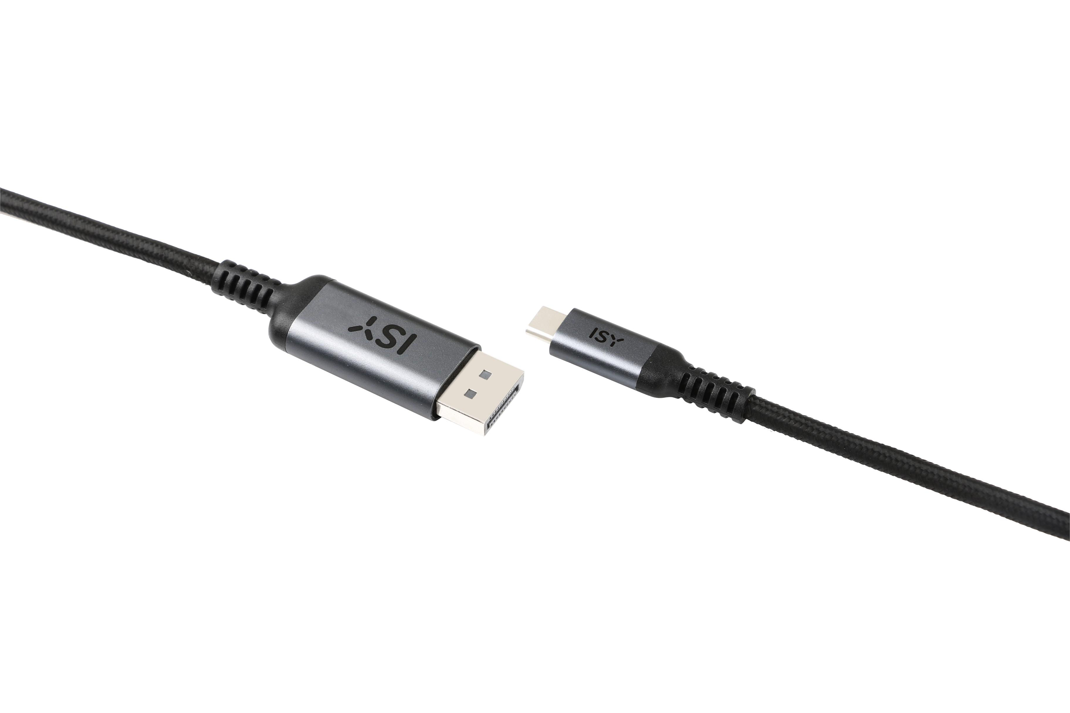Ein USB-C-Kabel mit ISY-Logo, das mit einem DisplayPort-Kabel verbunden ist, beide auf weißem Hintergrund.