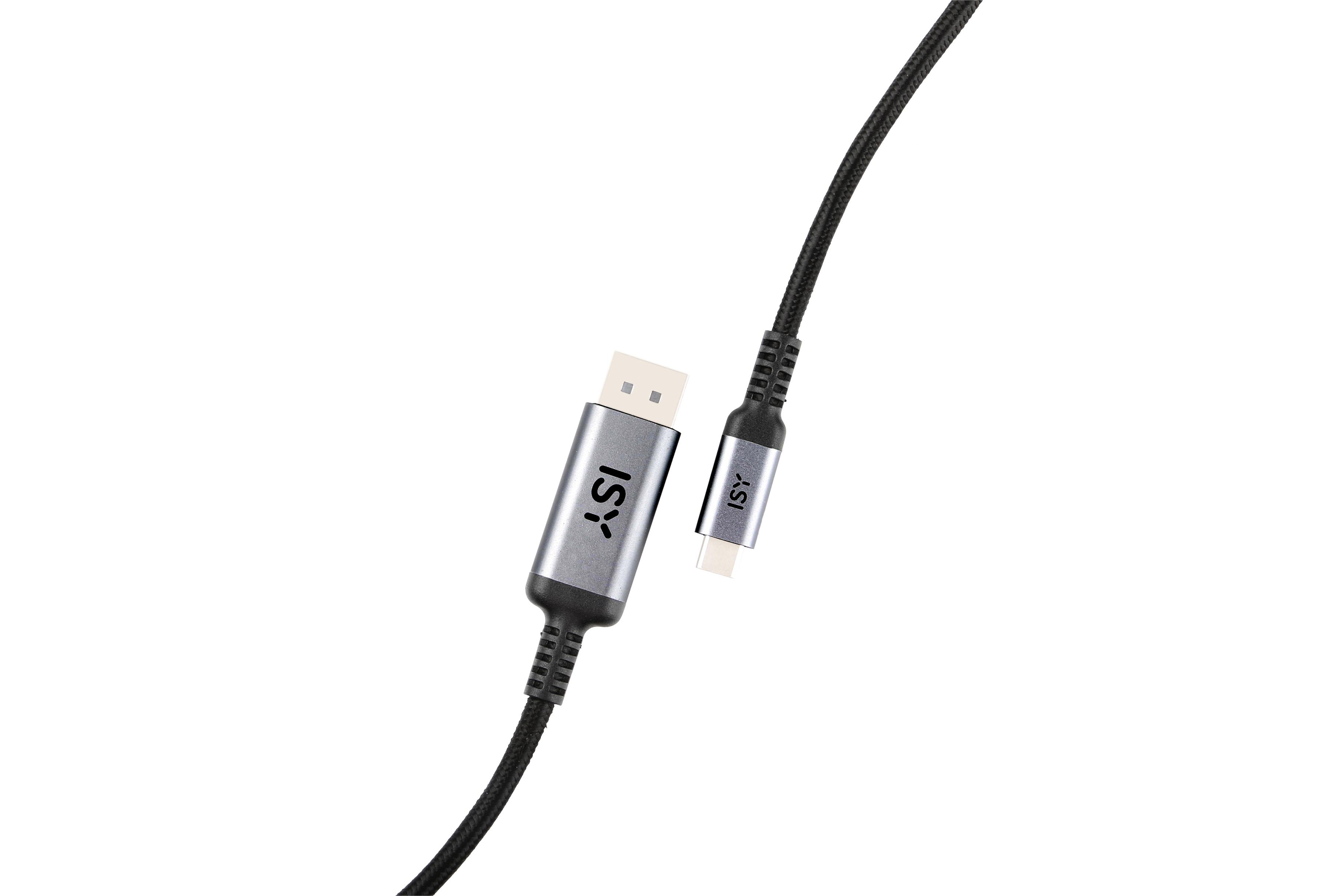 Ein schwarzes Kabel mit DisplayPort- und USB-C-Anschluss, beide mit 'ISY' beschriftet.