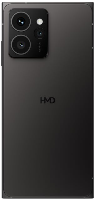 Egy fekete telefon hátulja két kamerával és logóval.