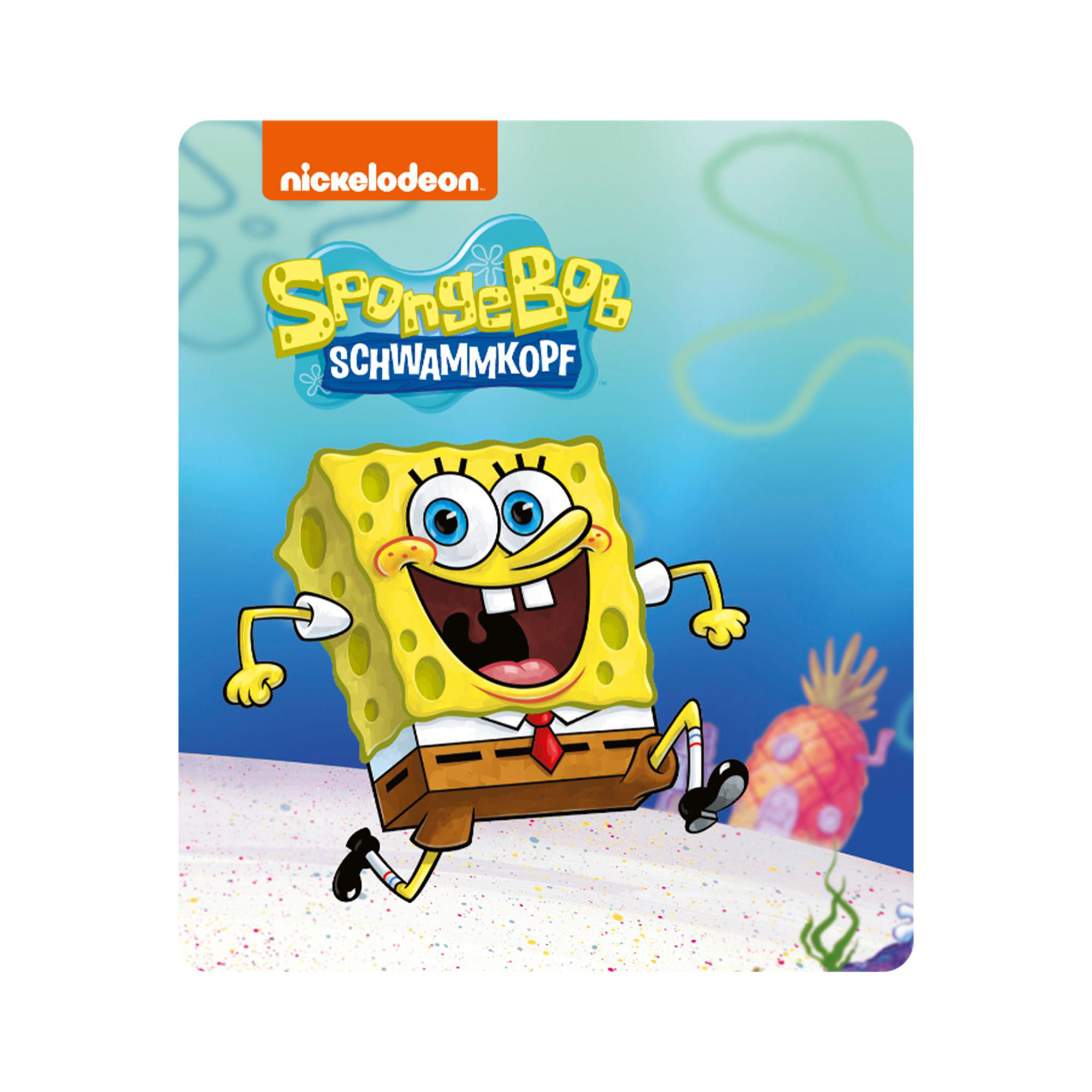 SpongeBob Schwammkopf Zeichentrickfigur rennt am Strand mit blau-gelbem Hintergrund.