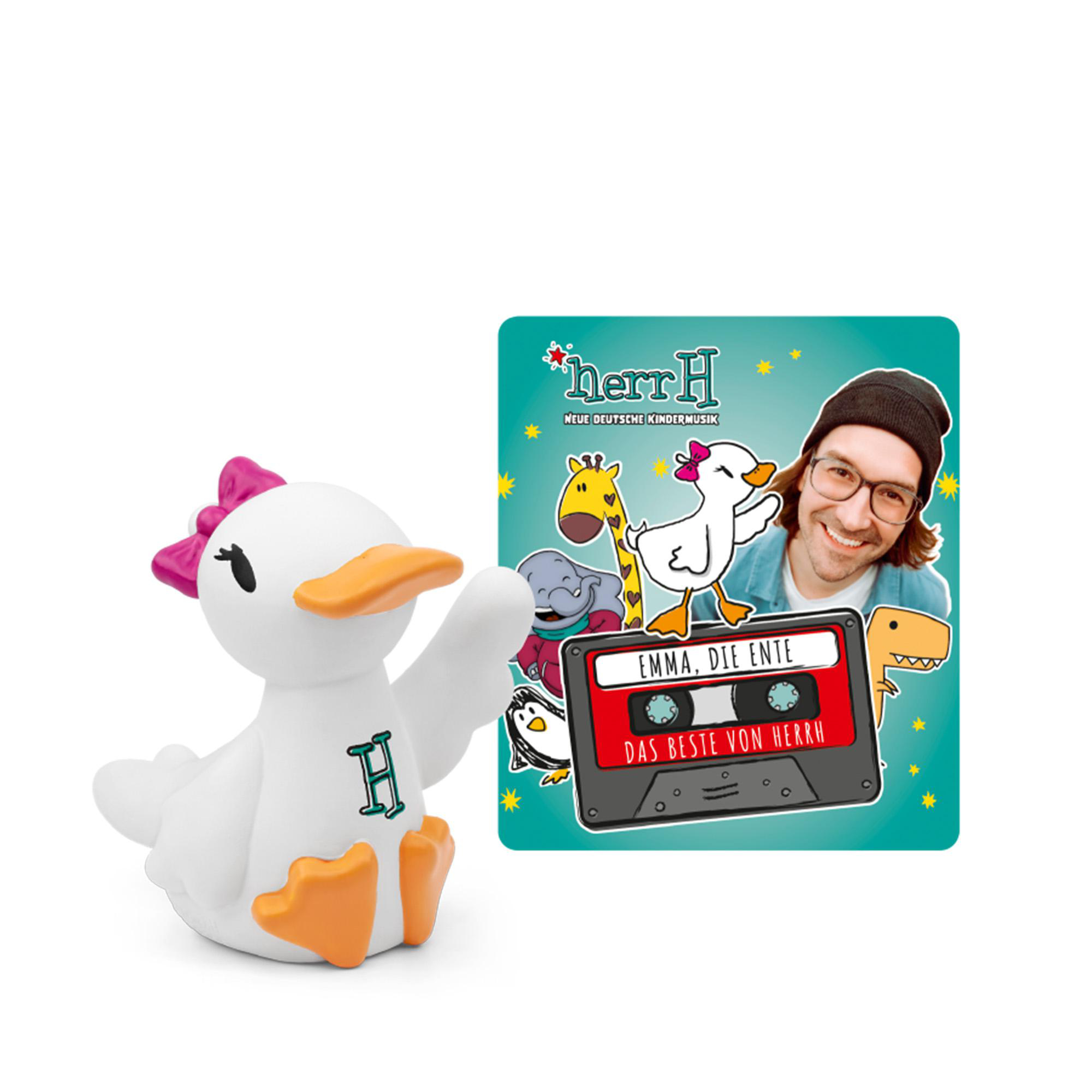 Weißes Entenspielzeug mit rosa Schleife neben einem Cartoon, der Herr H's Musik bewirbt.