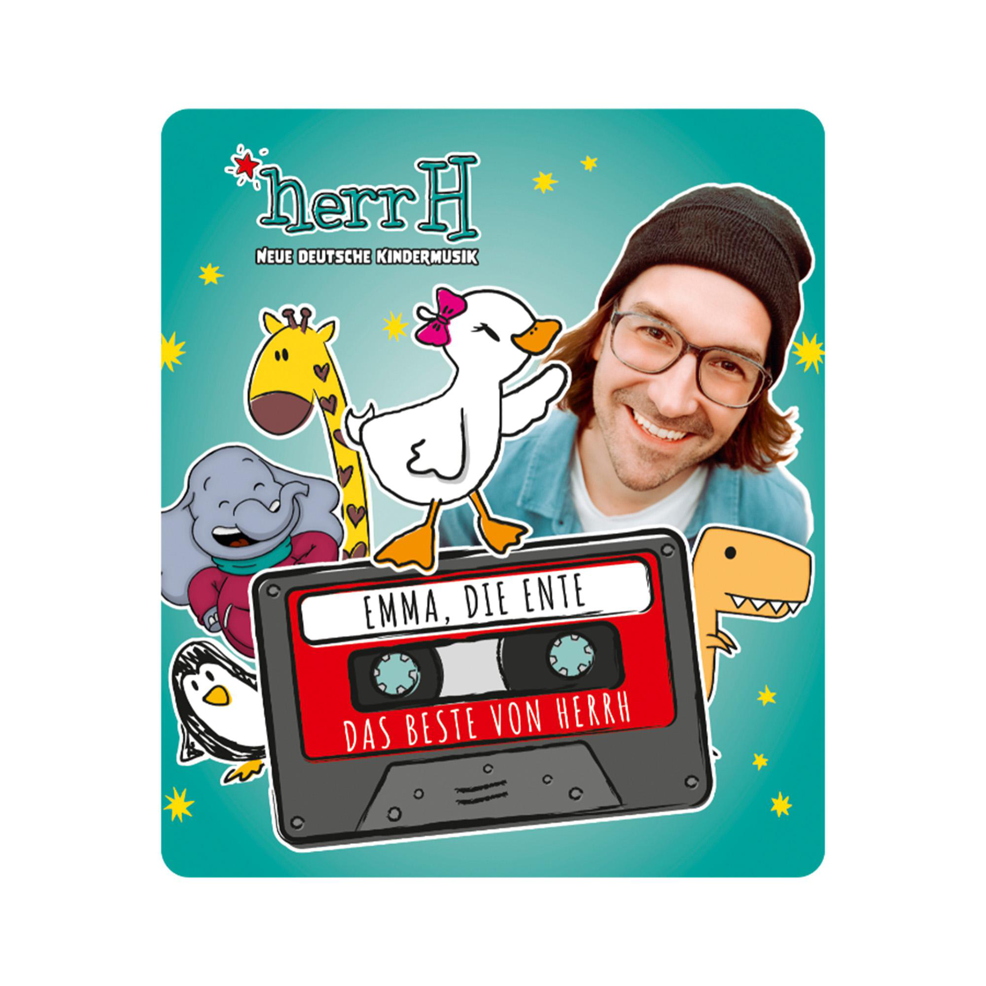 Ein farbenfrohes Buchcover mit einer Cartoon-Ente, Giraffe und anderen Figuren. Das Cover sagt 'Emma, Die Ente'.