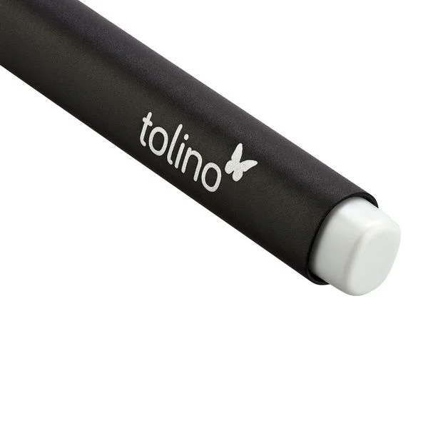 Schwarzer tolino E-Reader mit weißem 'tolino' Text und Schmetterling.