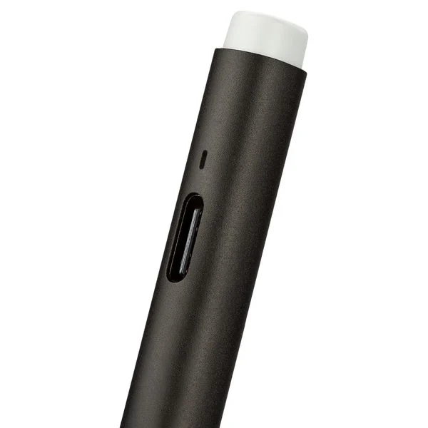 Ein dunkelgrauer, zylindrischer Vape Pen mit weißer Kappe oben und Ladeanschluss an der Seite.