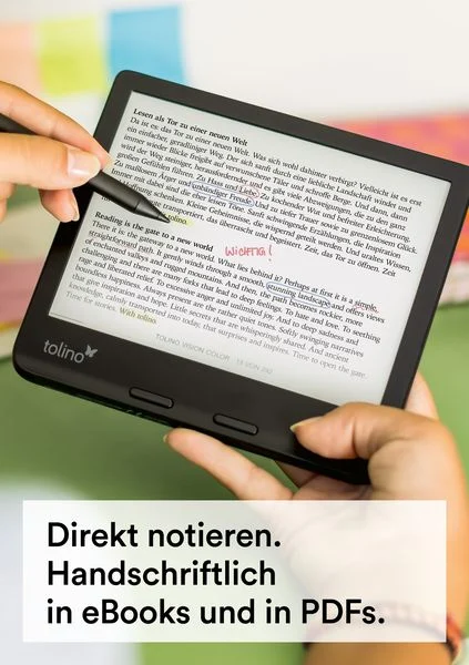 Eine Person hält ein Tablet mit Stift, das Text auf Englisch und Deutsch zeigt, mit schwarzem Rand.
