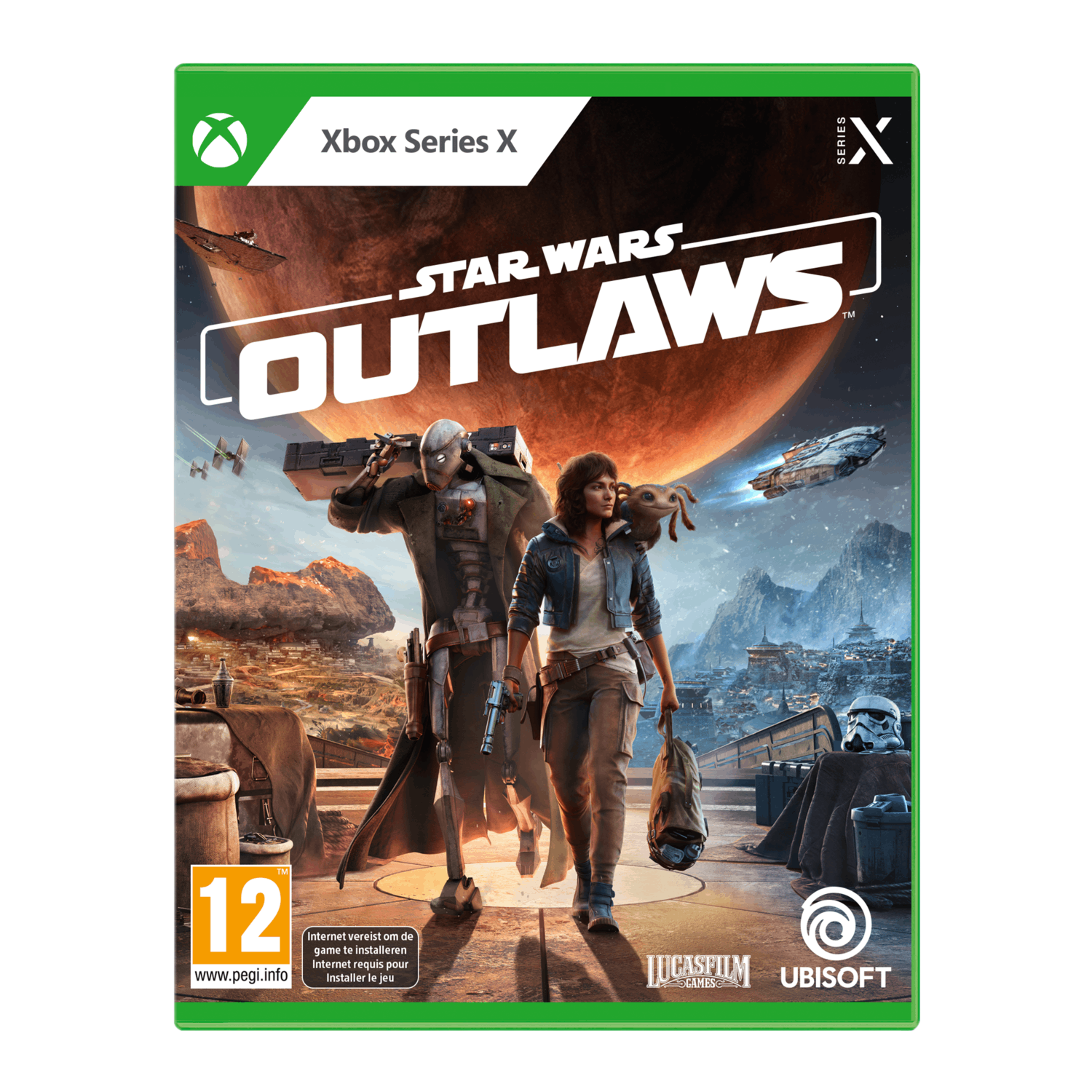 Xbox Series X game box for Star Wars Outlaws. Shows two characters walking on a planet with a ship in the sky.