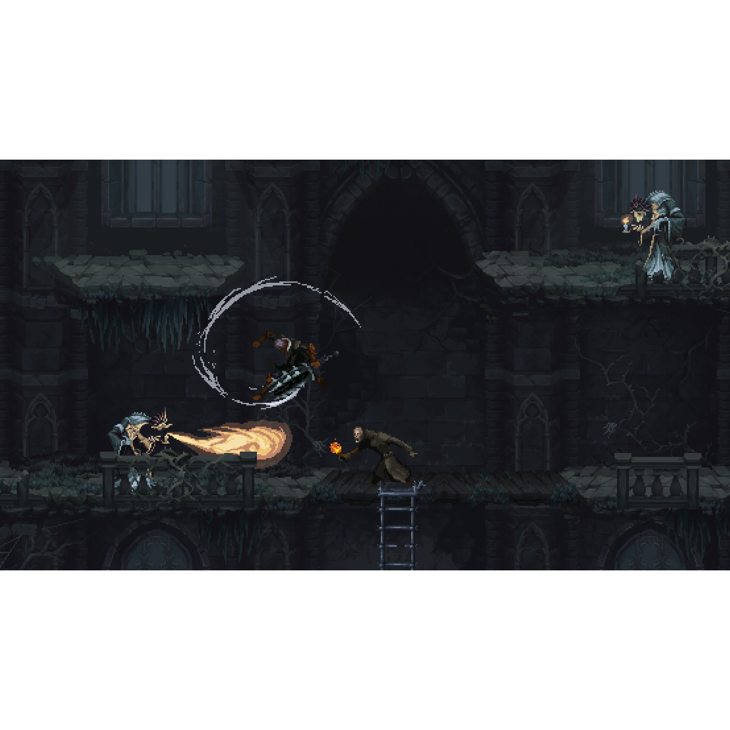 Een gepixelde videogame-scène met personages die vechten in een donkere gotische omgeving.