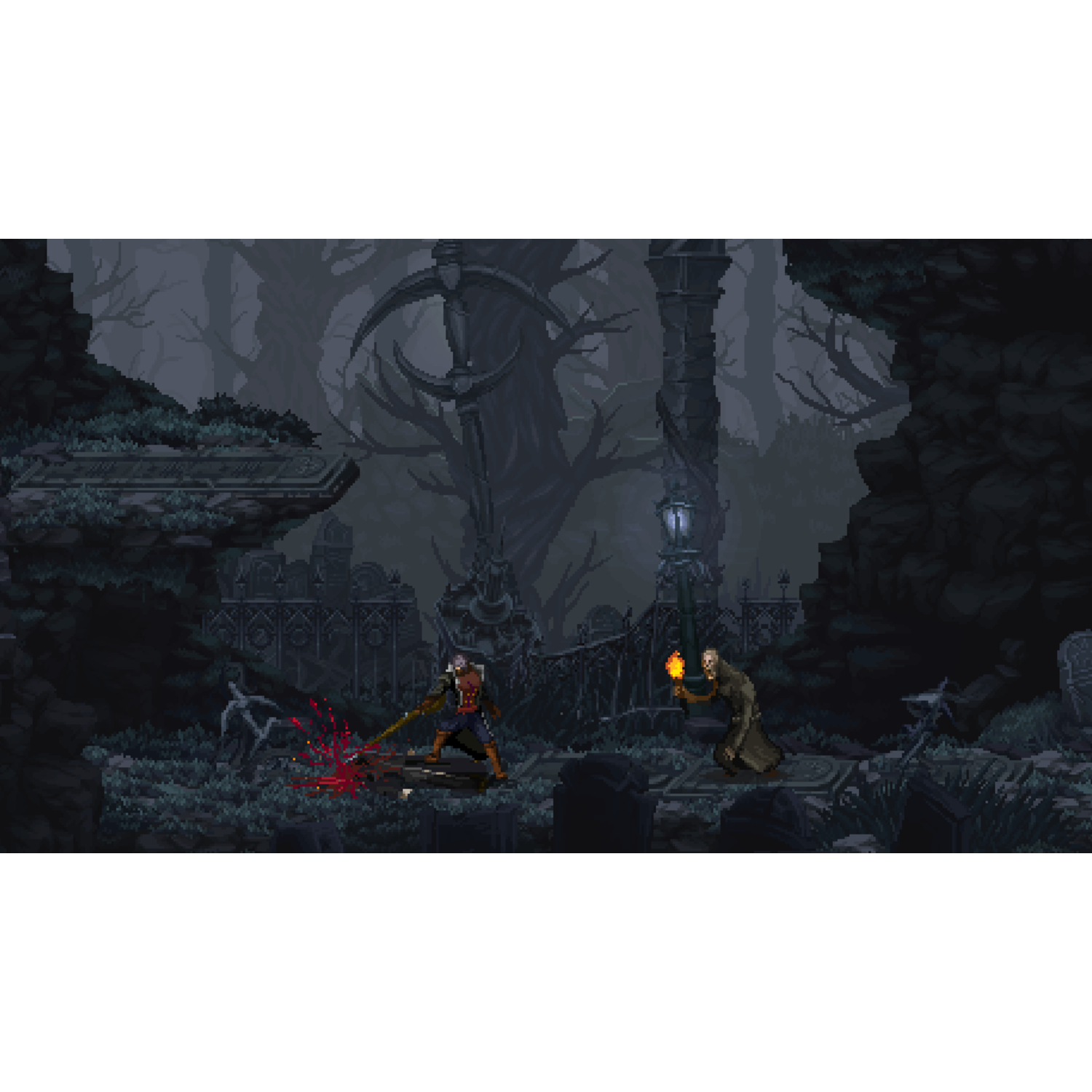 Gepixeleerde videogame scène met twee figuren die vechten op een begraafplaats.
