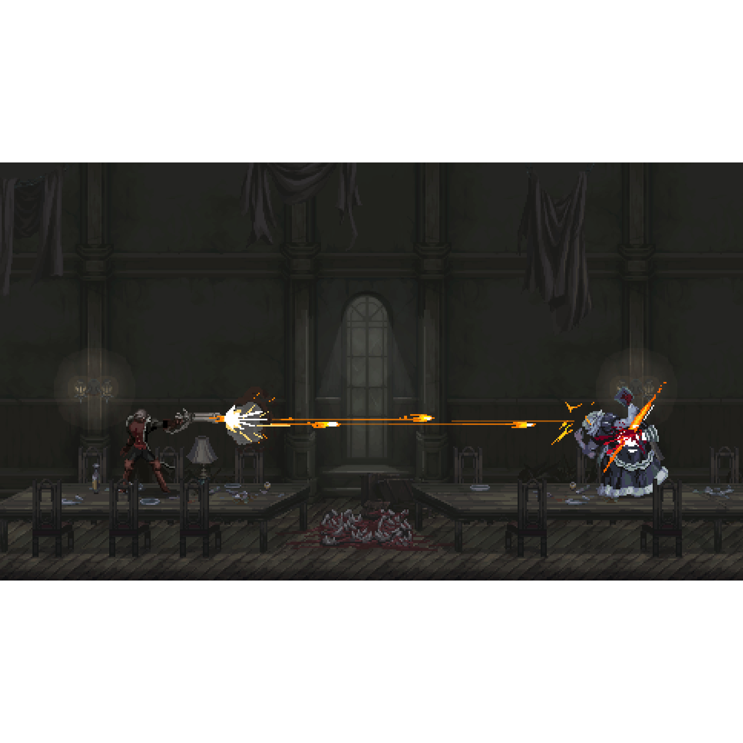 Gepixeleerde videogame scène: personage schiet op een ander met een wapen.