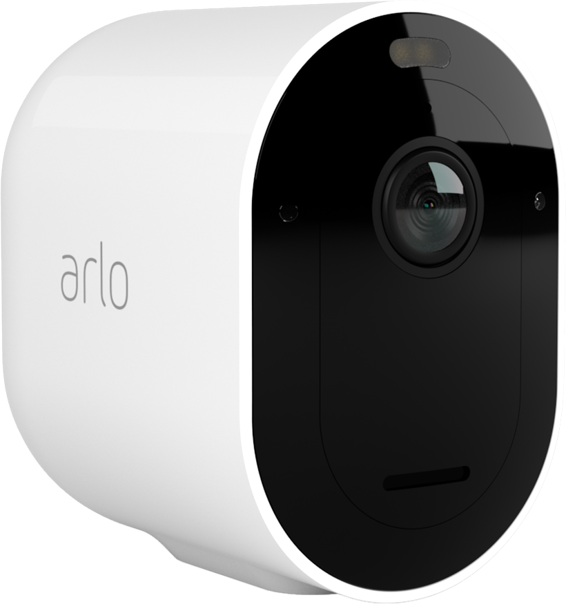 Une caméra de sécurité Arlo blanche. Elle a une face noire avec une lentille et un design moderne.