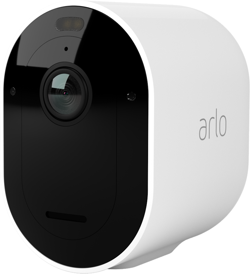 Weiße Arlo Überwachungskamera mit schwarzer Front und Linse, isoliert auf schwarzem Grund.