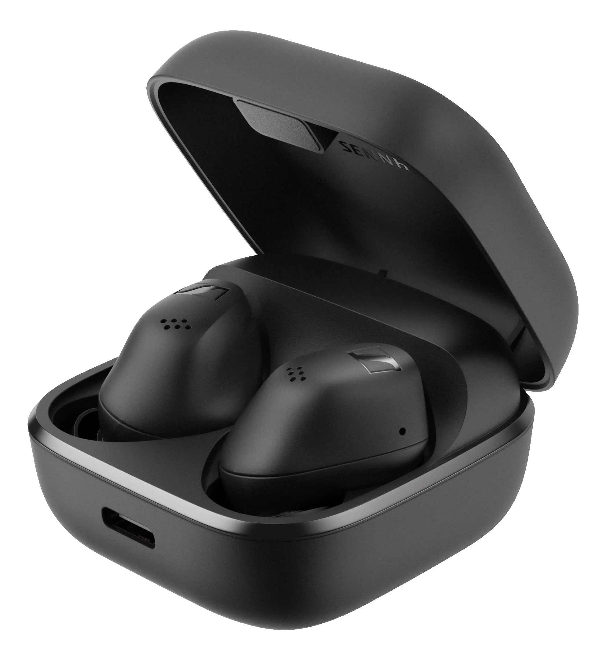 Écouteurs sans fil noirs dans un étui de chargement noir. Sennheiser est imprimé sur l'étui.