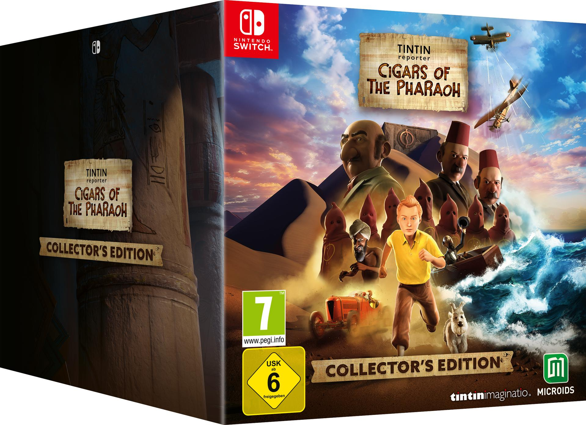 Tintin-Spielbox. Tintin rennt. Wüste, Pyramiden und Charaktere sind im Hintergrund.