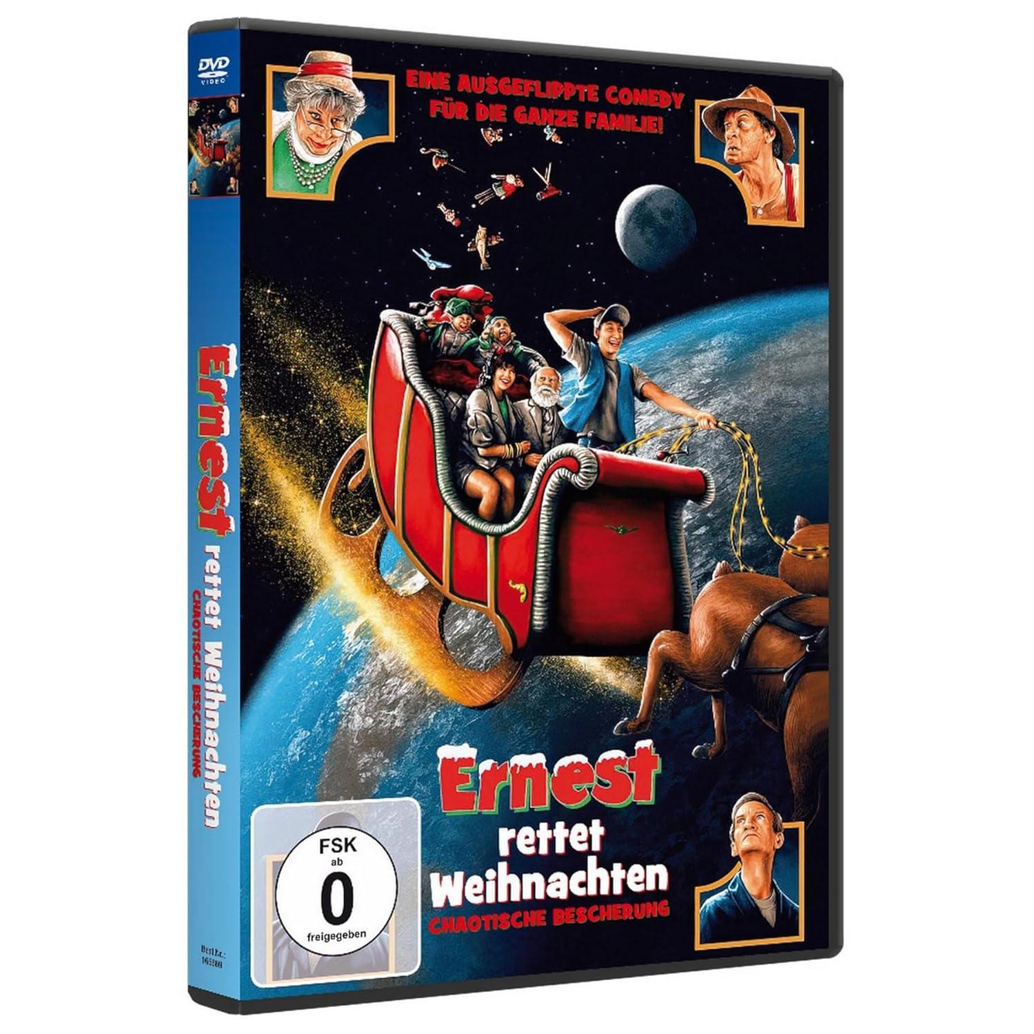 DVD-Cover für 'Ernest rettet Weihnachten', mit einer Schlitten-Szene und Filmfiguren.