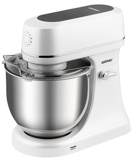 Biały mikser stojący z misą ze stali nierdzewnej. Widoczna nazwa marki Zelmer.