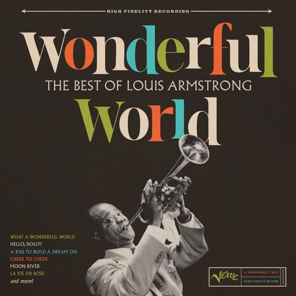 Albumcover: Louis Armstrong mit Trompete. Bunter Text: Wonderful World.