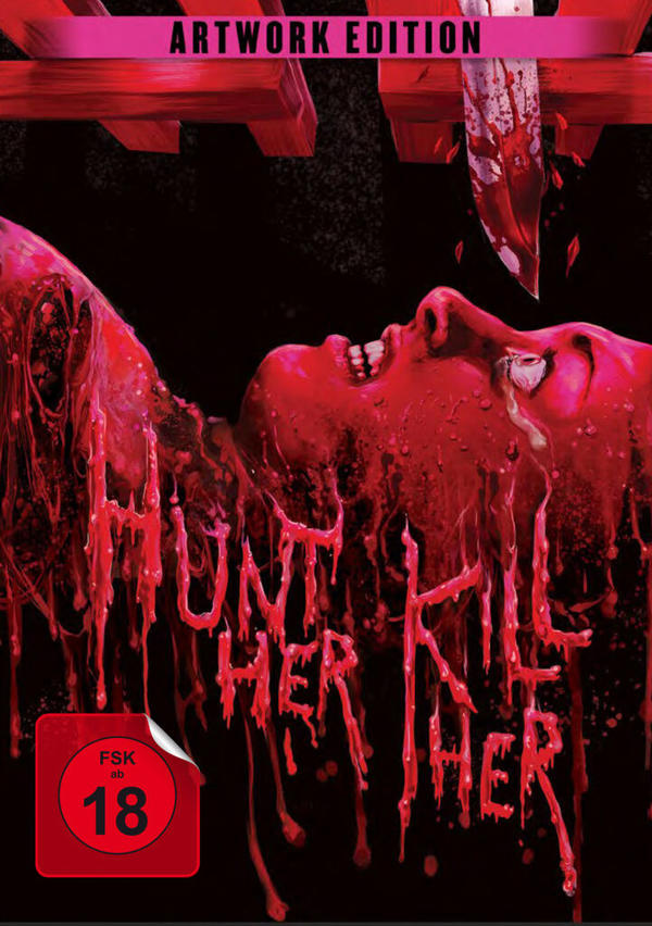 DVD-Cover mit Blut und Frauen-Gesicht, Text: 'Hunt Her, Kill Her'.