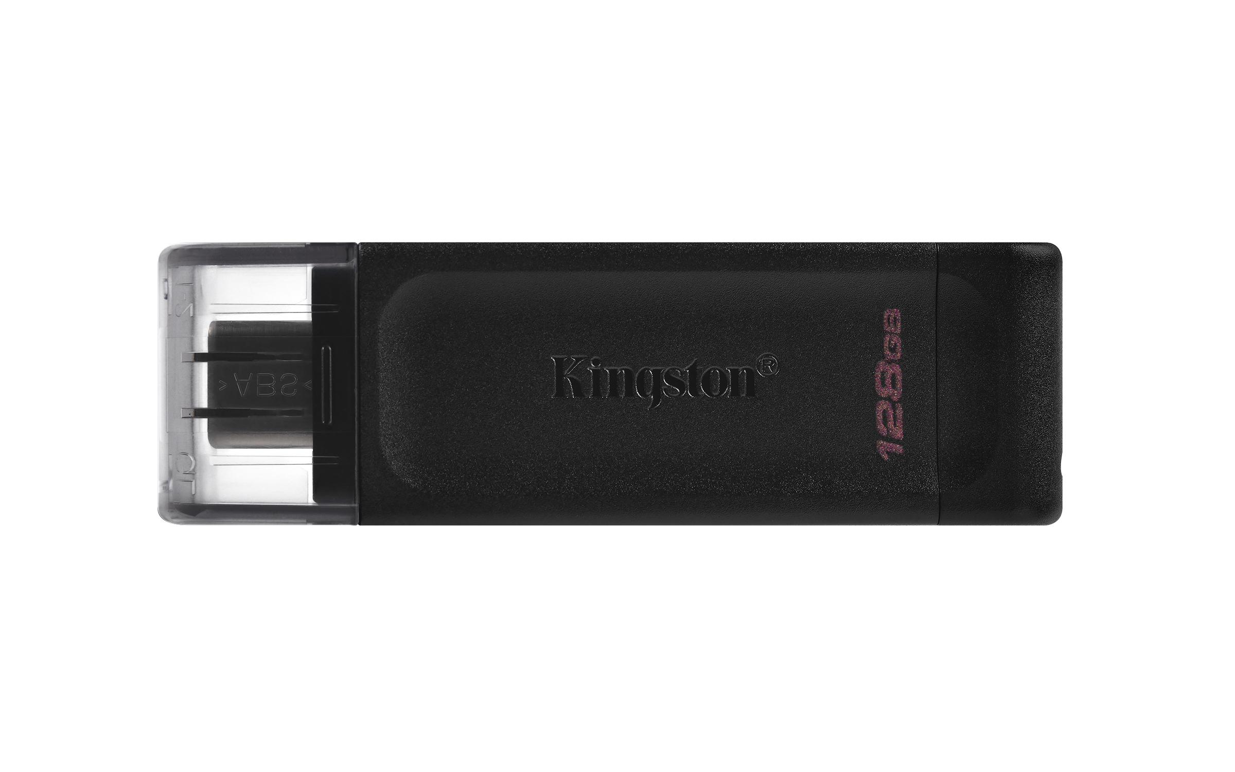Schwarzer Kingston 128GB USB-Stick auf weißem Hintergrund.