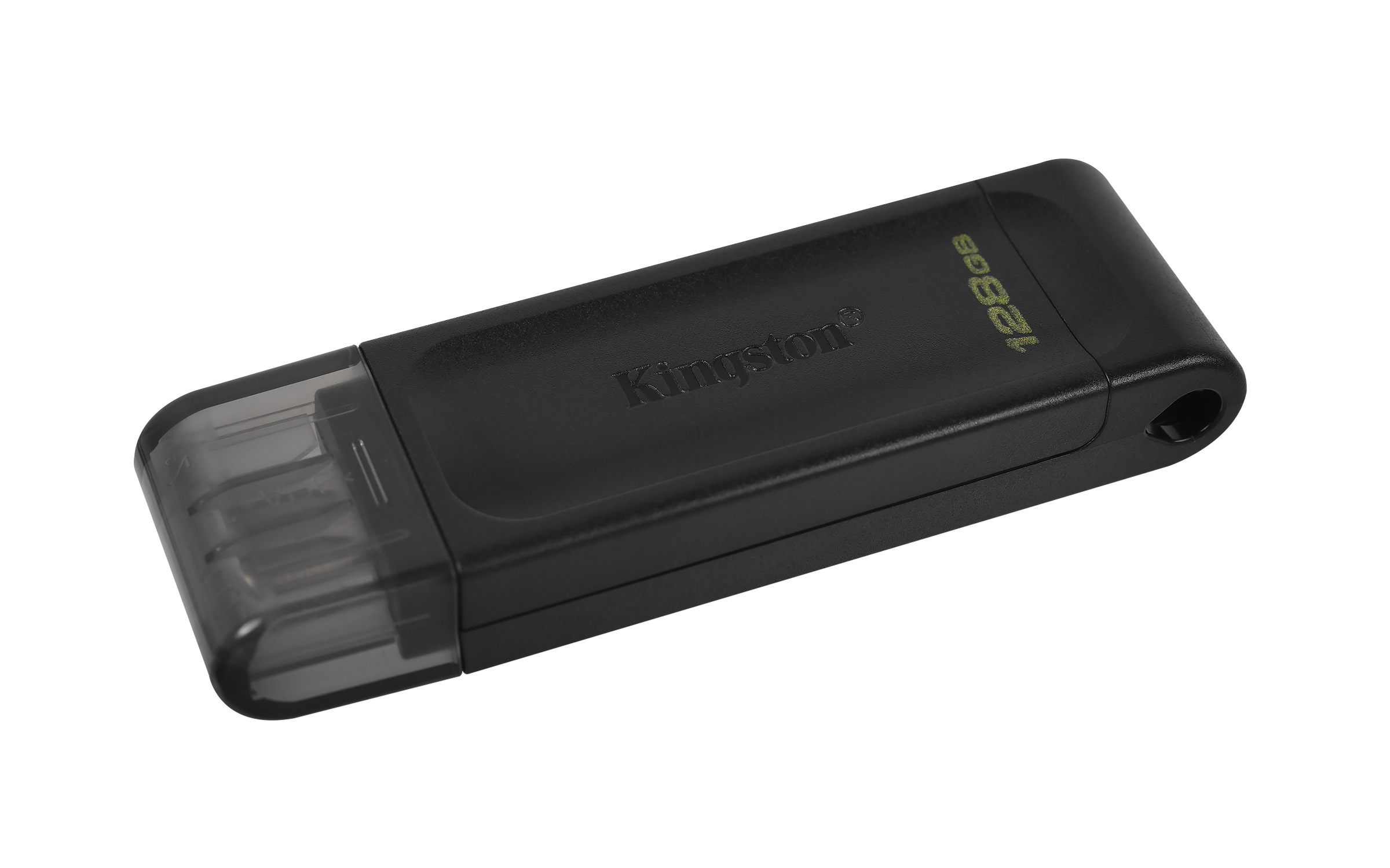 Ein schwarzer Kingston 128GB USB-Stick, abgewinkelt und isoliert auf weißem Hintergrund.