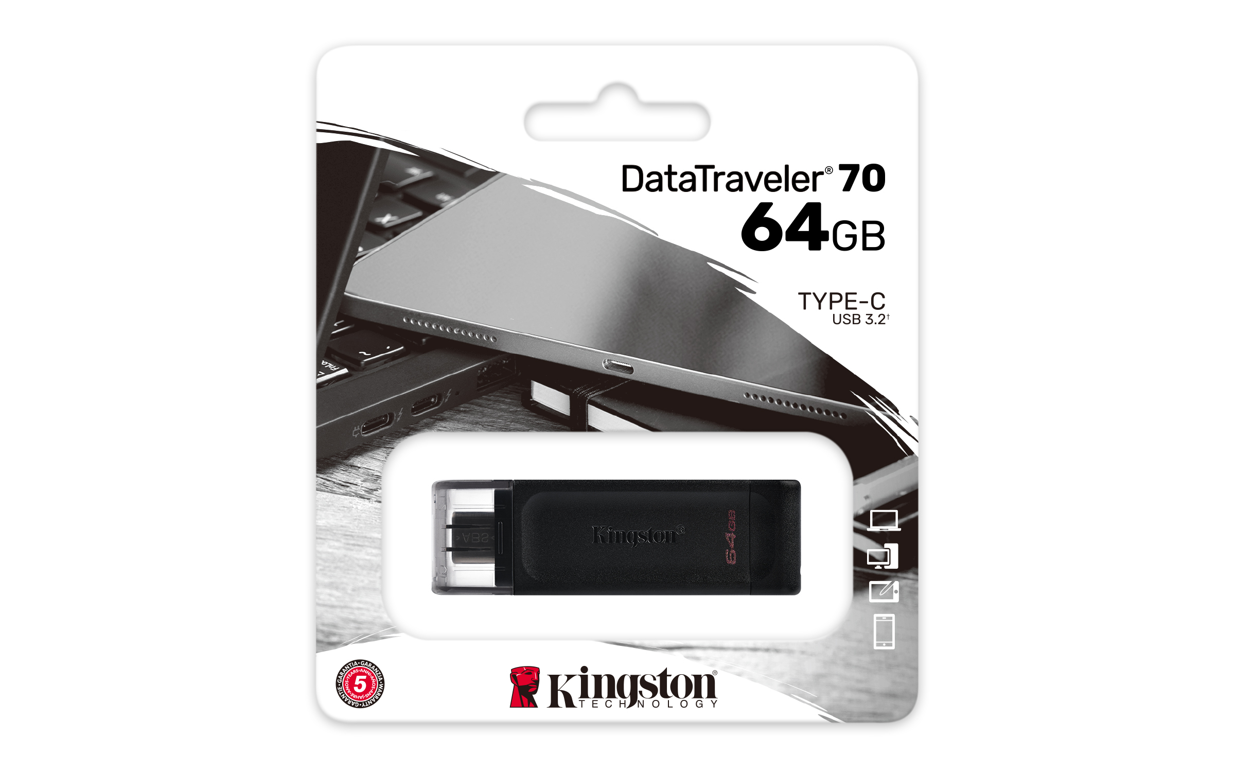 Kingston DataTraveler 70 USB-Stick in Verpackung, mit Laufwerk und Info.