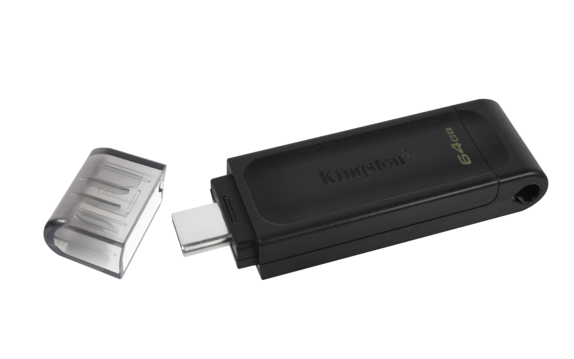 Schwarzer Kingston USB-Stick mit transparentem Deckel, weißer Hintergrund.